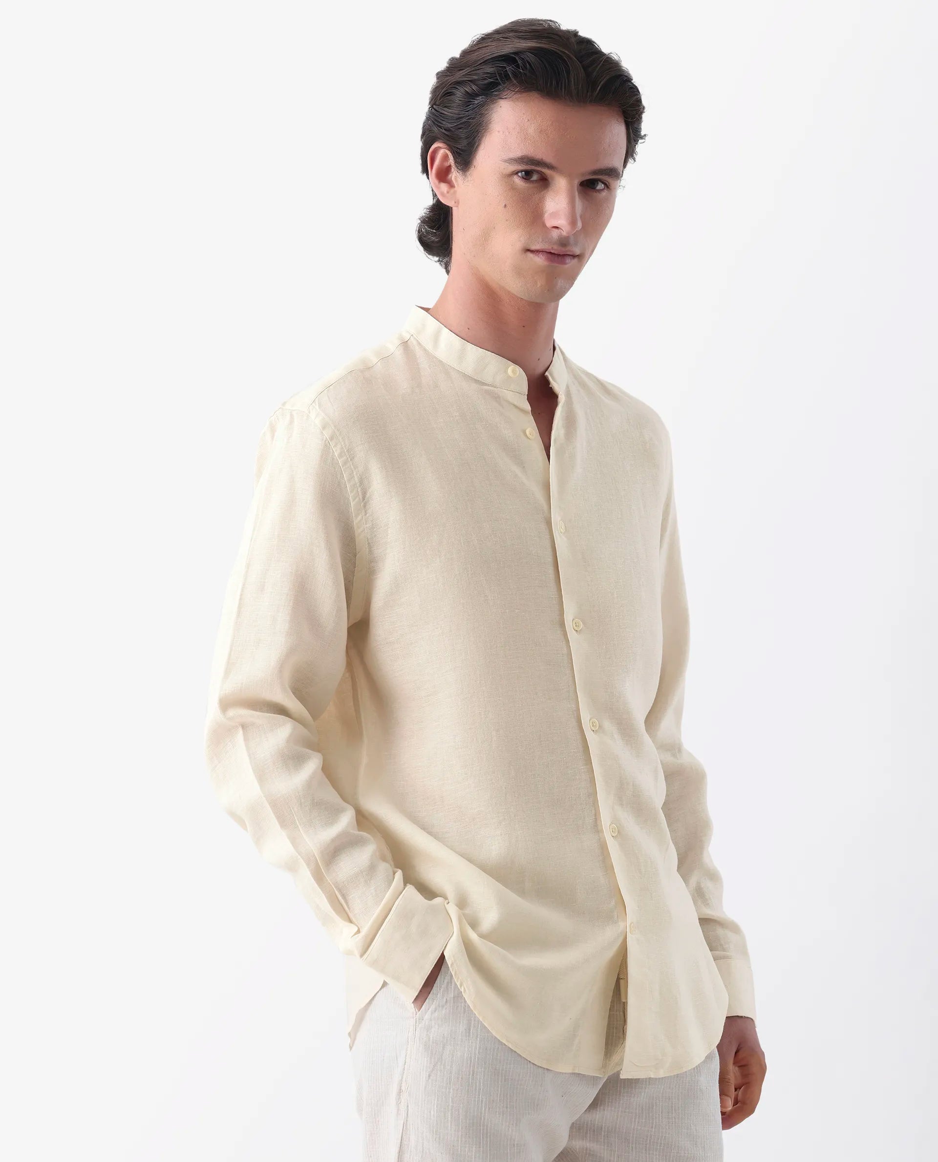 Rare Rabbit Men's Cinex Ls-25 Off White Linen Blend Plain Regular Fit Full Sleeve Mandarin Collar Shirt