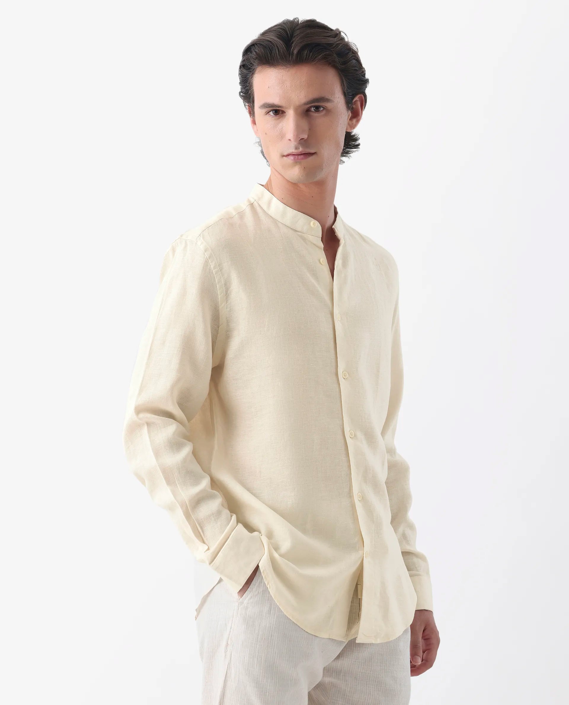 Rare Rabbit Men's Cinex Ls-25 Off White Linen Blend Plain Regular Fit Full Sleeve Mandarin Collar Shirt