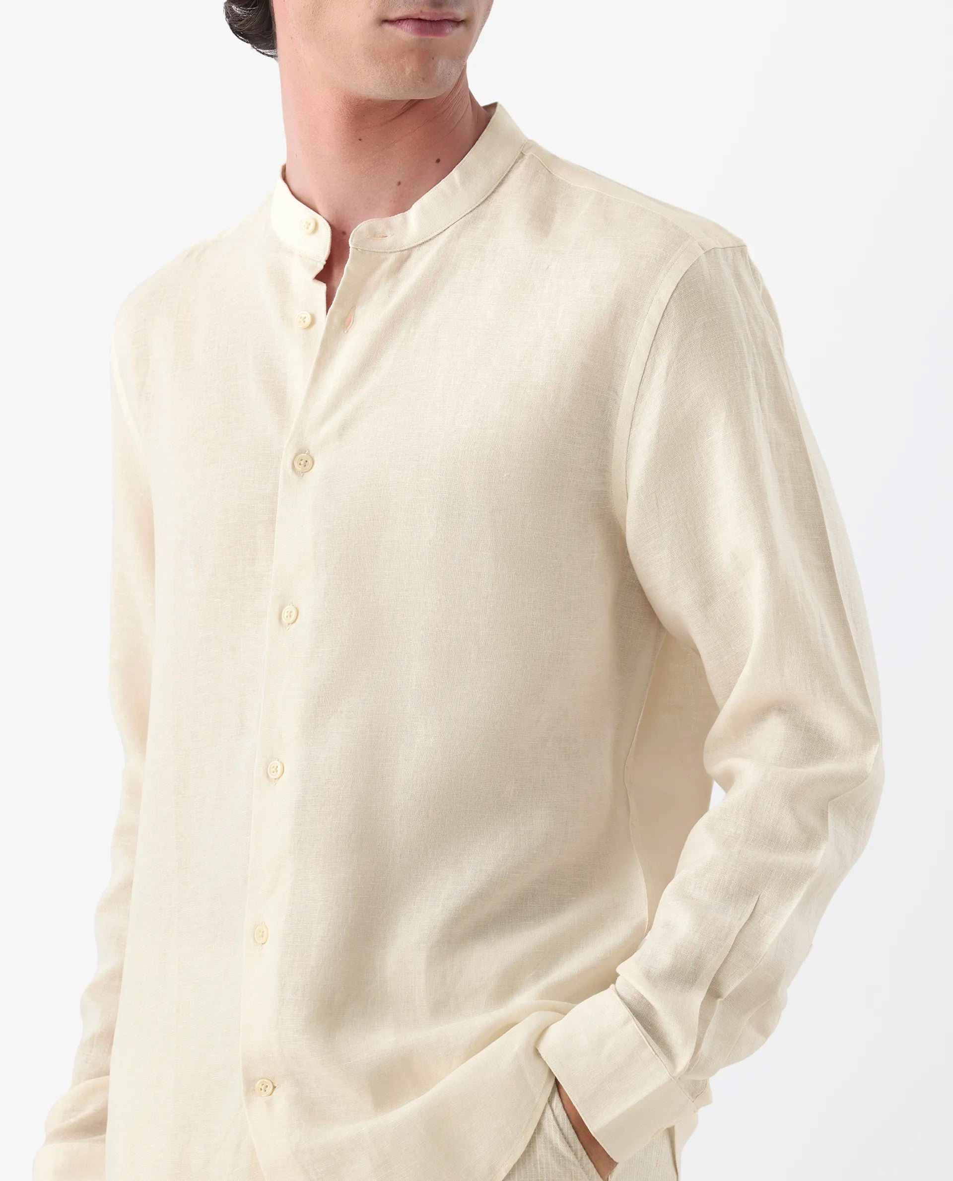 Rare Rabbit Men's Cinex Ls-25 Off White Linen Blend Plain Regular Fit Full Sleeve Mandarin Collar Shirt