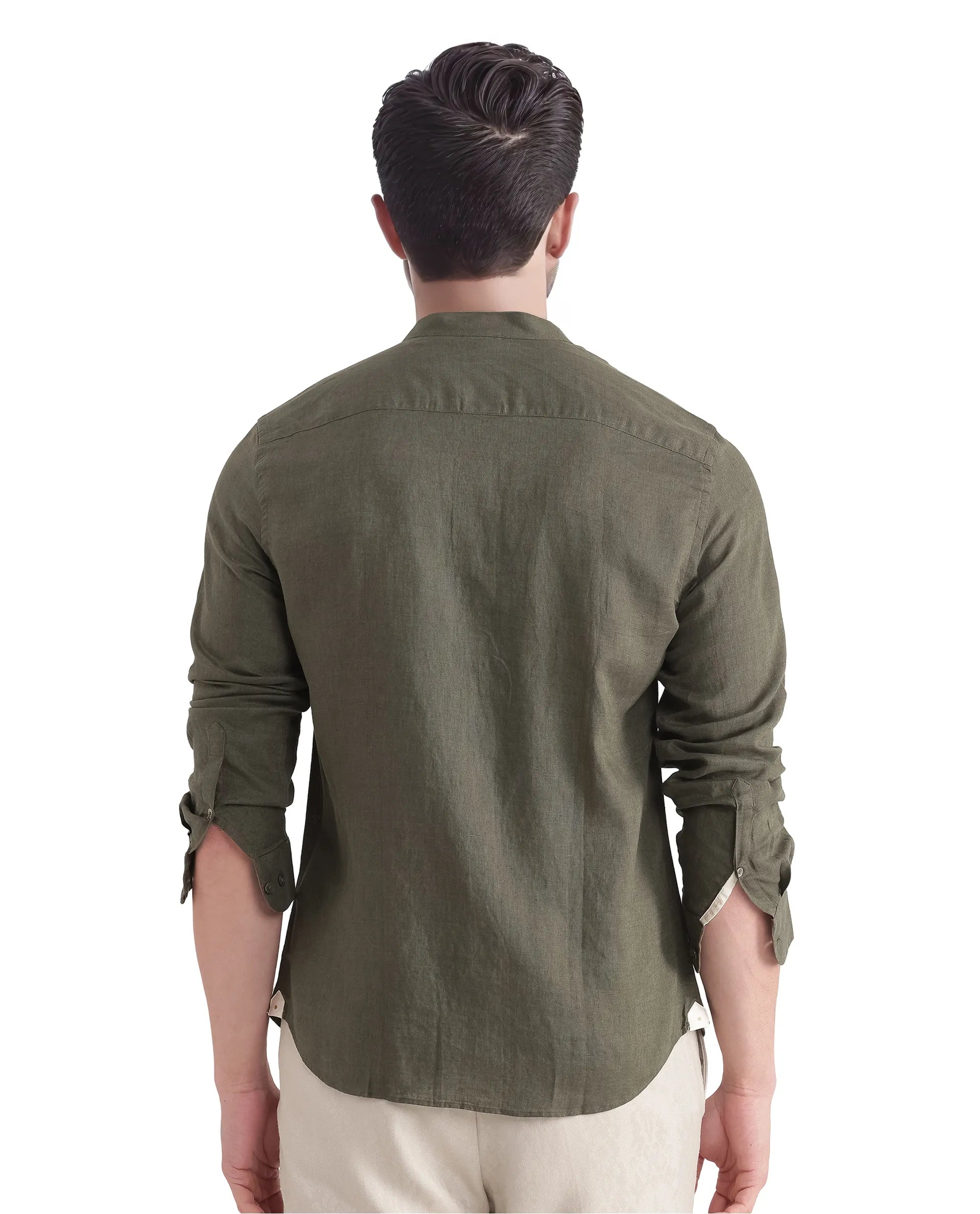 Rare Rabbit Men Cinex Ls-25 Olive Linen Blend Fabric Full Sleeve Mandarin Collar Button Closure Regular Fit Plain Shirt