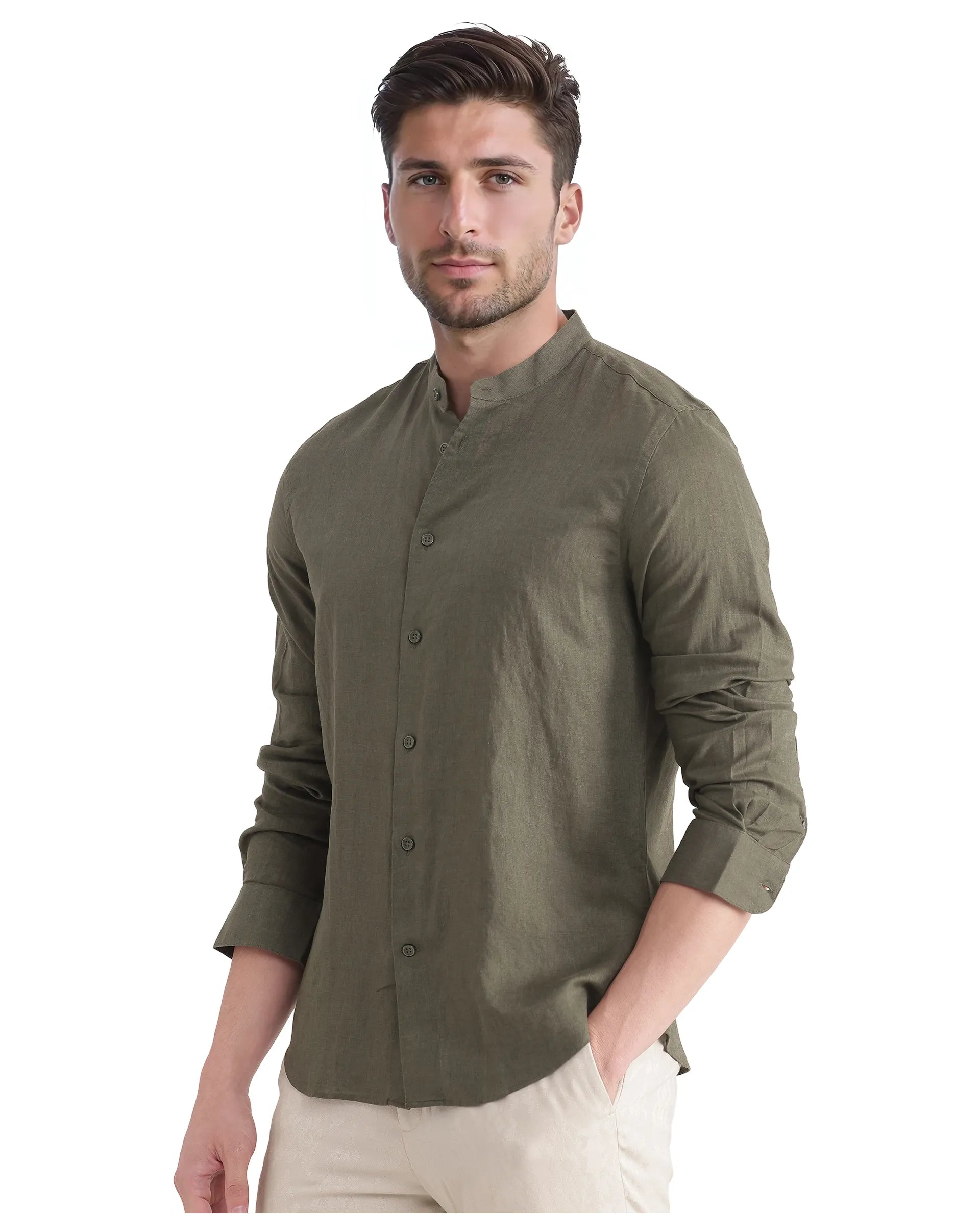 Rare Rabbit Men Cinex Ls-25 Olive Linen Blend Fabric Full Sleeve Mandarin Collar Button Closure Regular Fit Plain Shirt