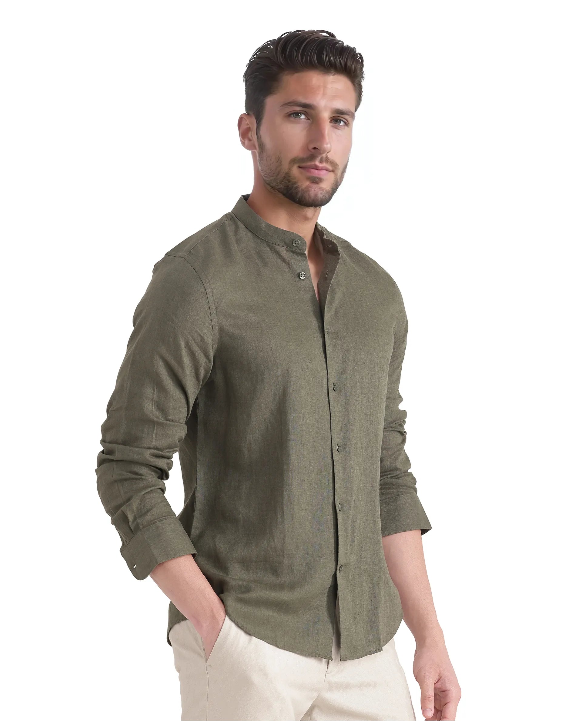 Rare Rabbit Men Cinex Ls-25 Olive Linen Blend Fabric Full Sleeve Mandarin Collar Button Closure Regular Fit Plain Shirt