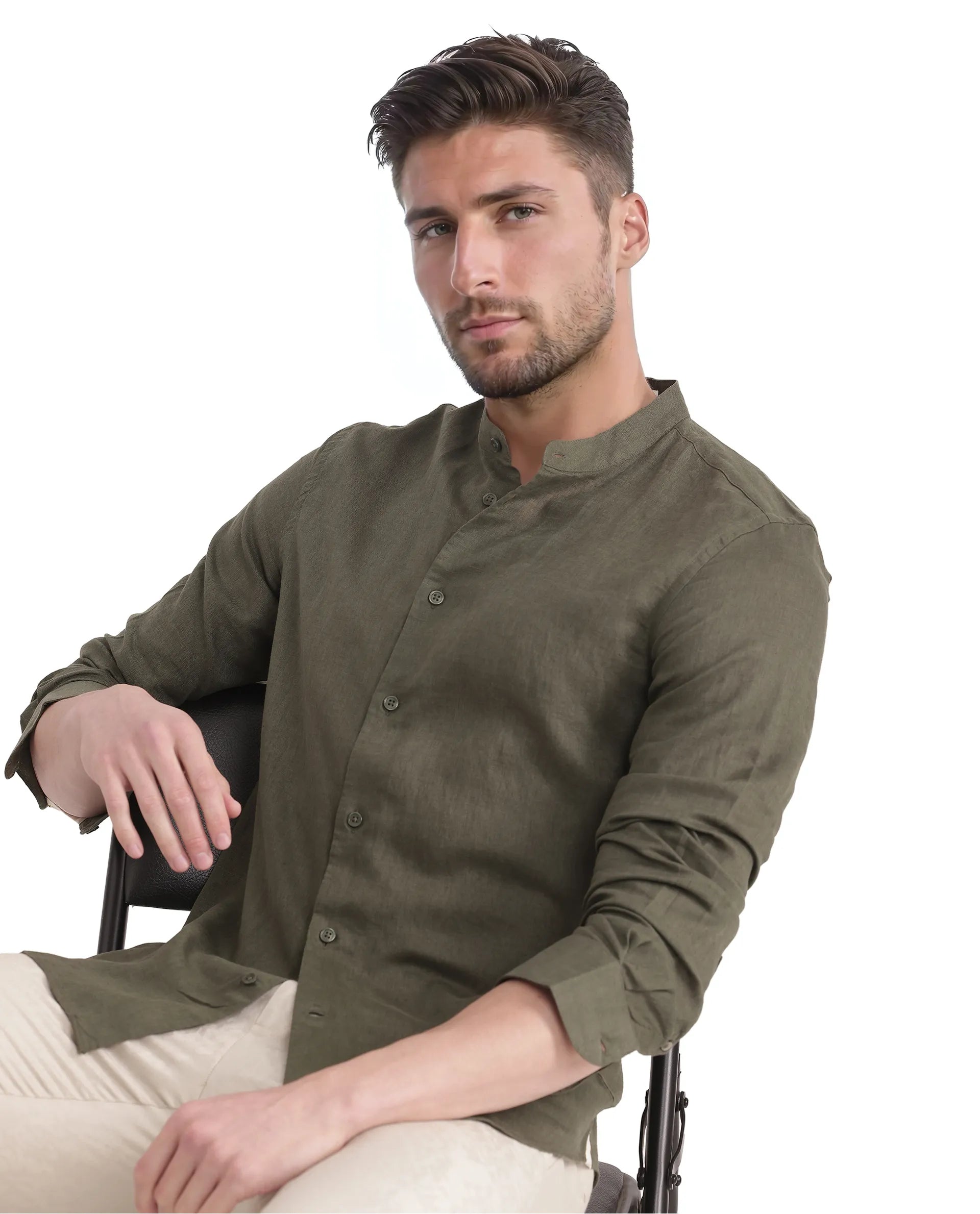 Rare Rabbit Men Cinex Ls-25 Olive Linen Blend Fabric Full Sleeve Mandarin Collar Button Closure Regular Fit Plain Shirt