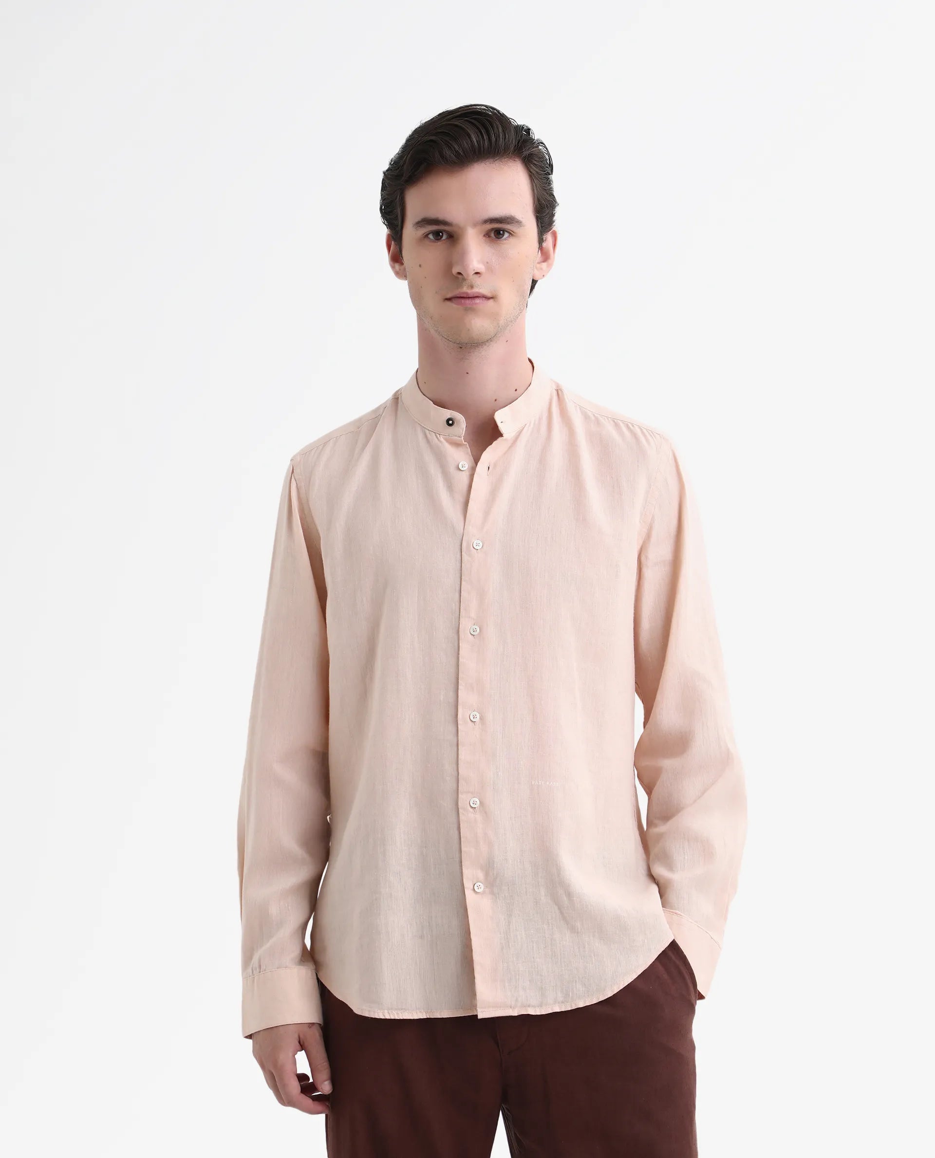 Rare Rabbit Men's Cinex Pastel Peach Linen Blend Plain Regular Fit Full Sleeve Mandarin Collar Shirt