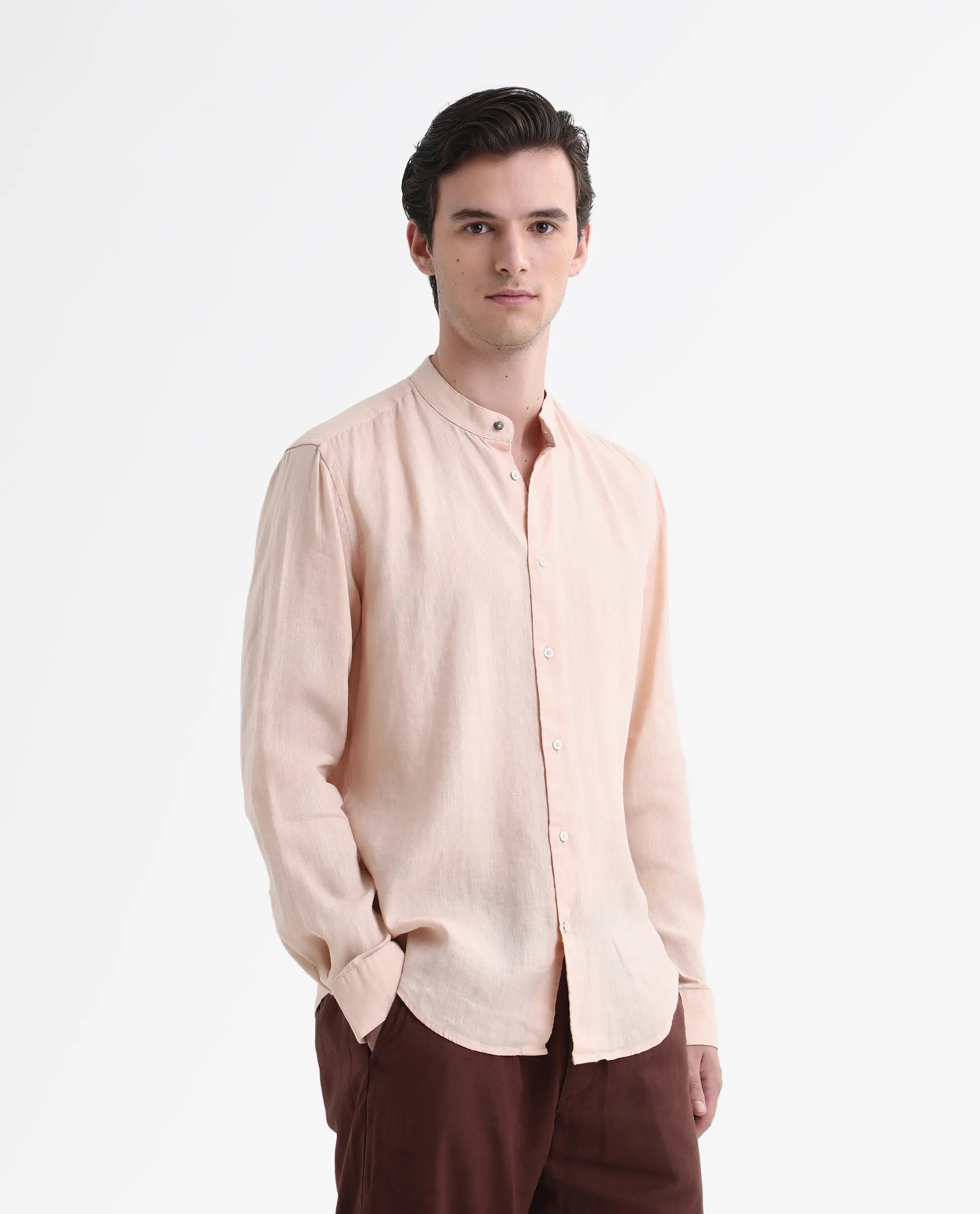 Rare Rabbit Men's Cinex Pastel Peach Linen Blend Plain Regular Fit Full Sleeve Mandarin Collar Shirt