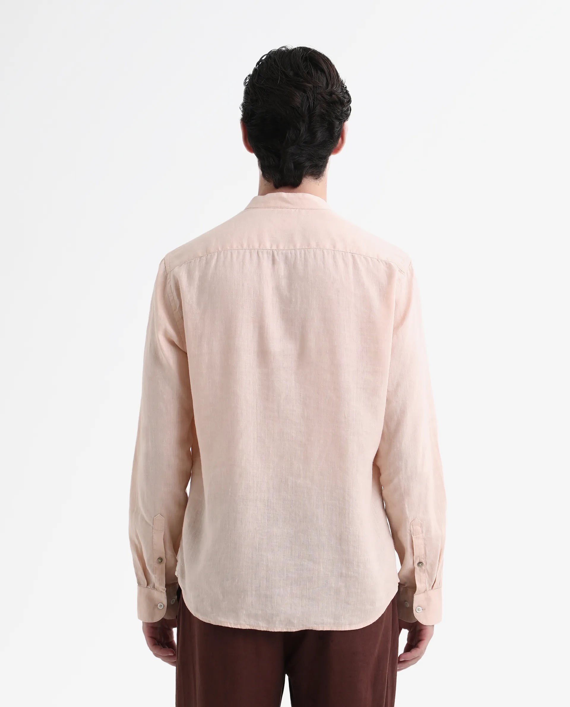 Rare Rabbit Men's Cinex Pastel Peach Linen Blend Plain Regular Fit Full Sleeve Mandarin Collar Shirt