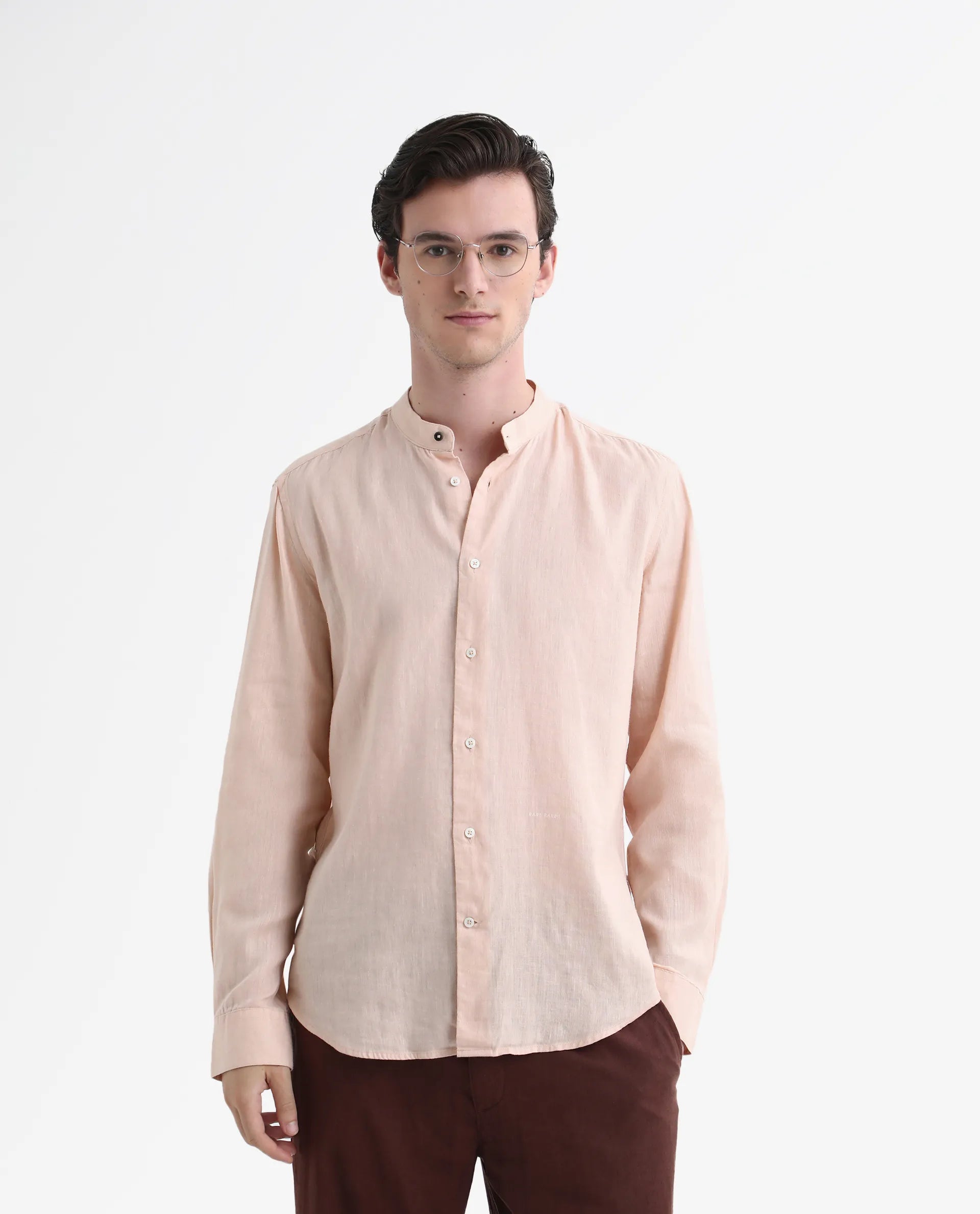 Rare Rabbit Men's Cinex Pastel Peach Linen Blend Plain Regular Fit Full Sleeve Mandarin Collar Shirt