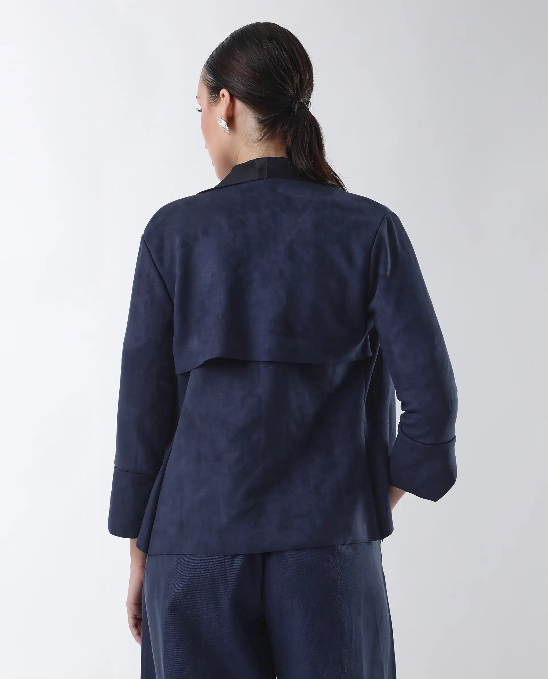 Rareism Women's Cinnamon Navy Polyester Cowl Neck Plain Relaxed Fit Jacket