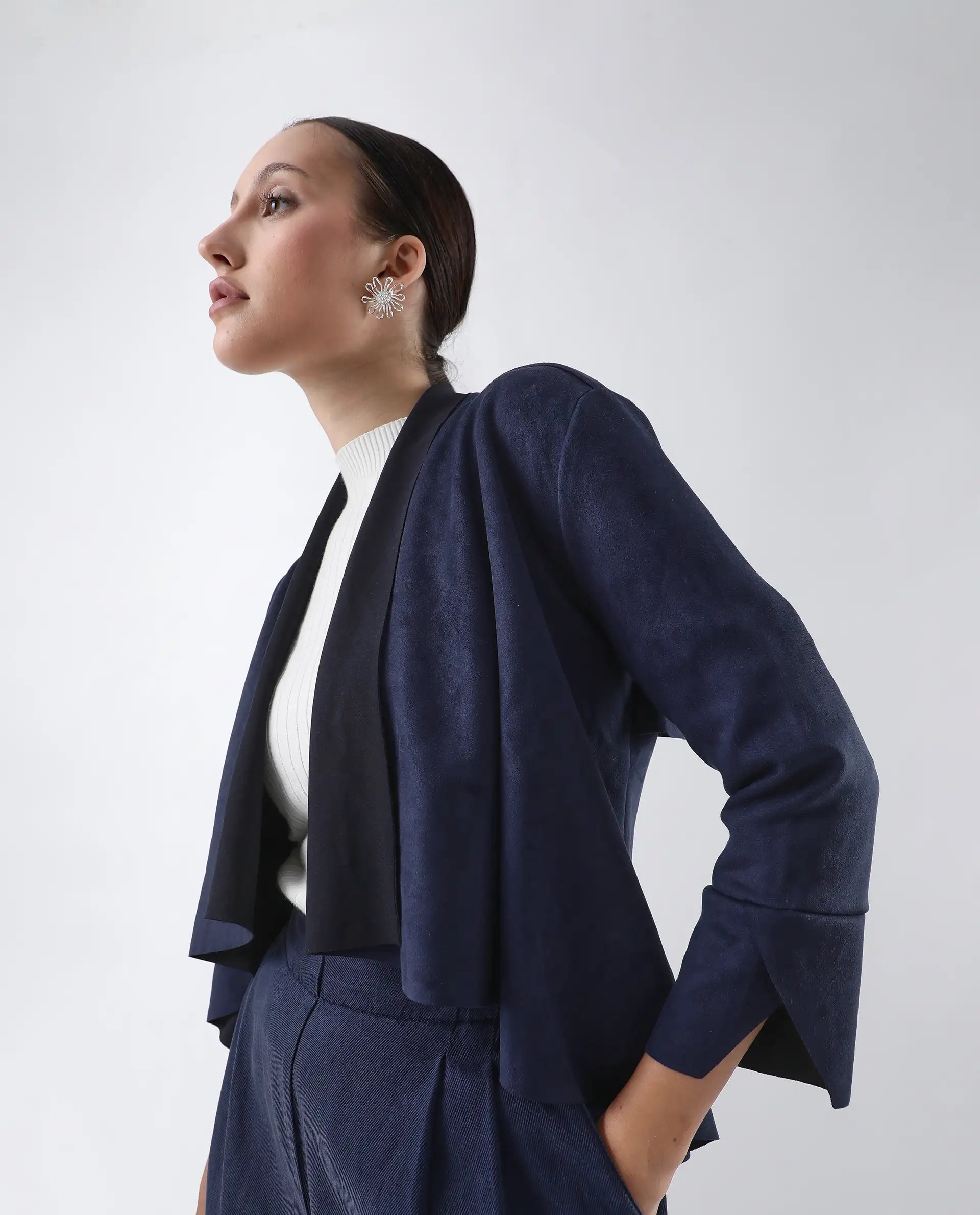 Rareism Women's Cinnamon Navy Polyester Cowl Neck Plain Relaxed Fit Jacket