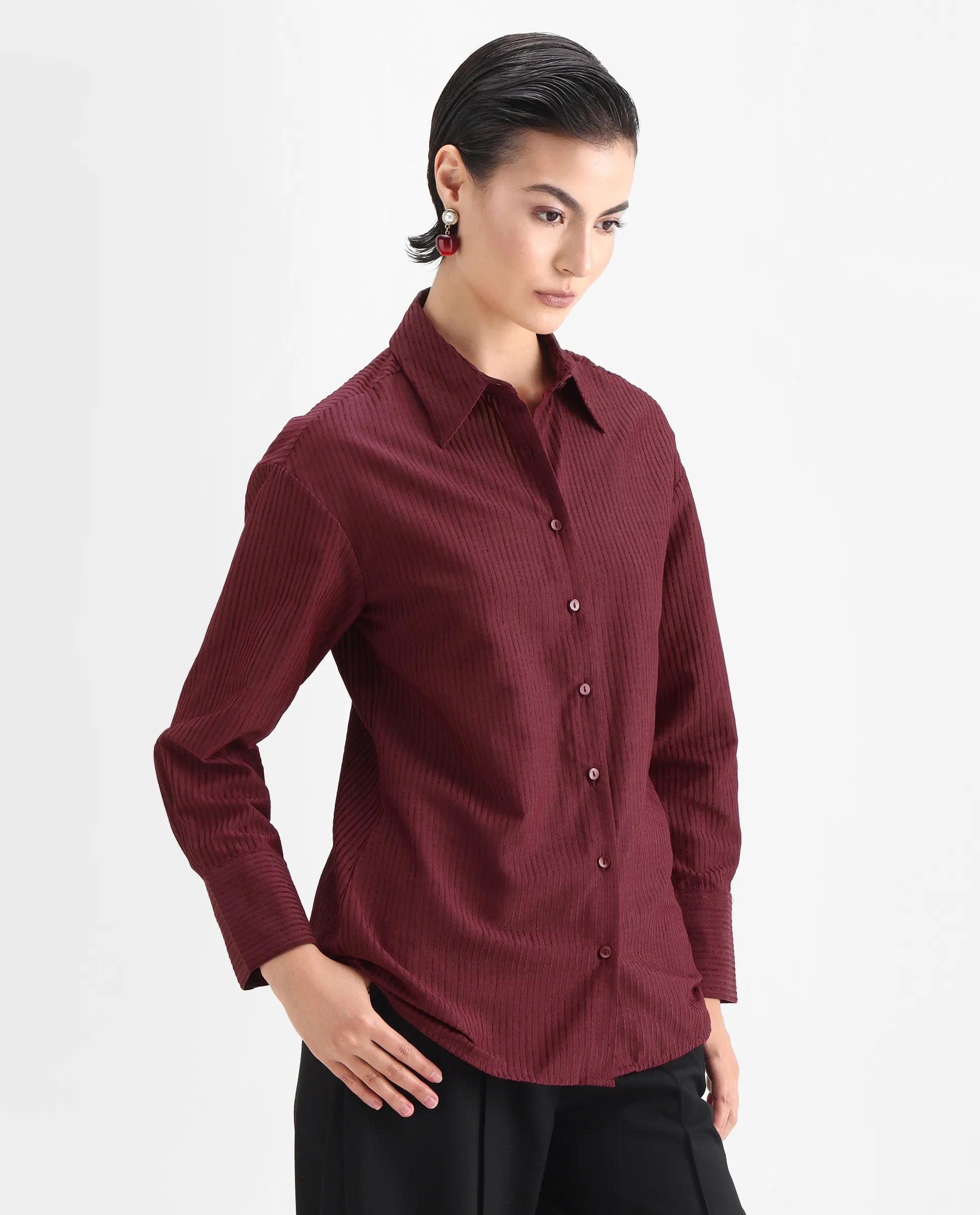 Rareism Women's Cinthia Brown Polyester Spread Collar Plain Cuffed Sleeve Regular Fit Shirt