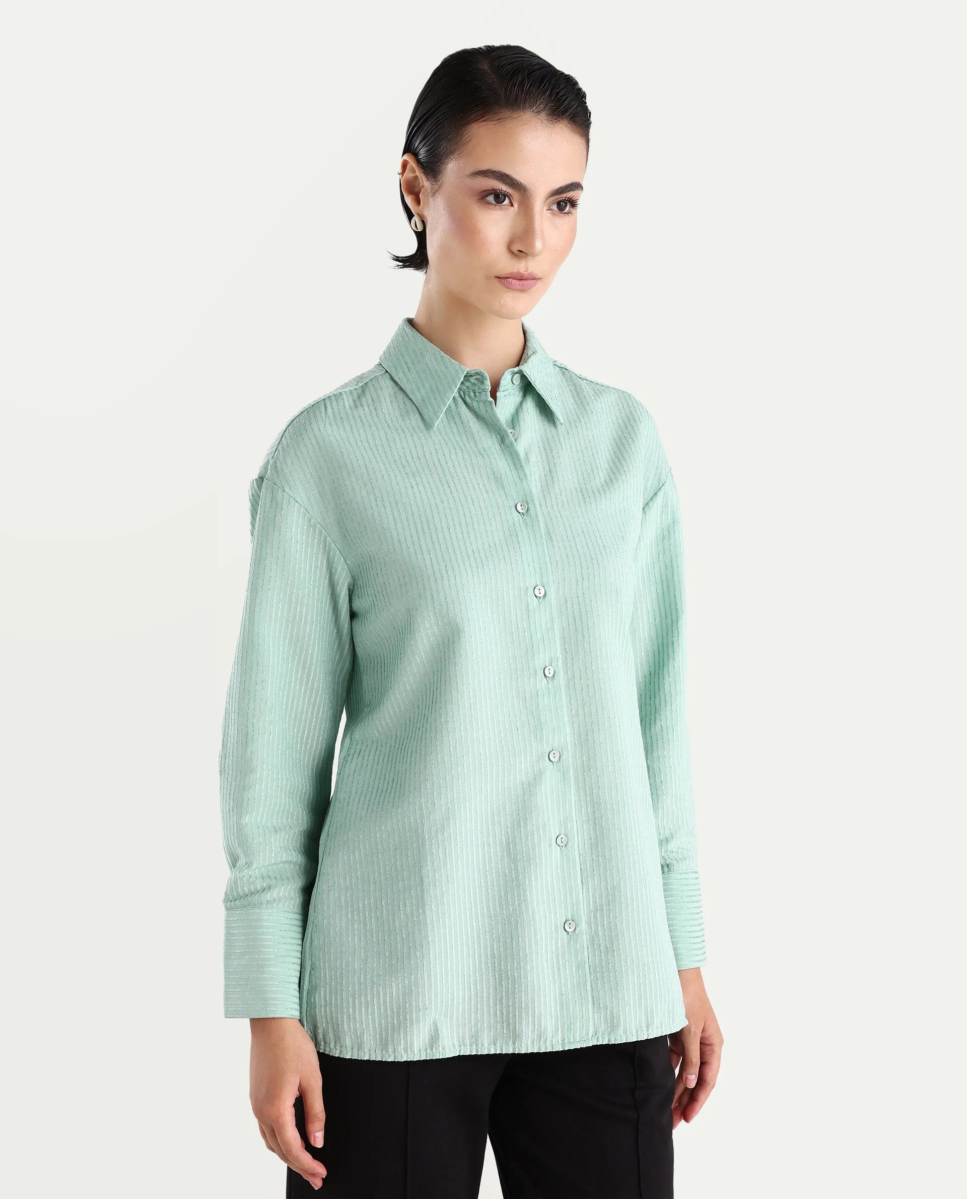 Rareism Women's Cinthia Green Polyester Spread Collar Plain Cuffed Sleeve Regular Fit Shirt