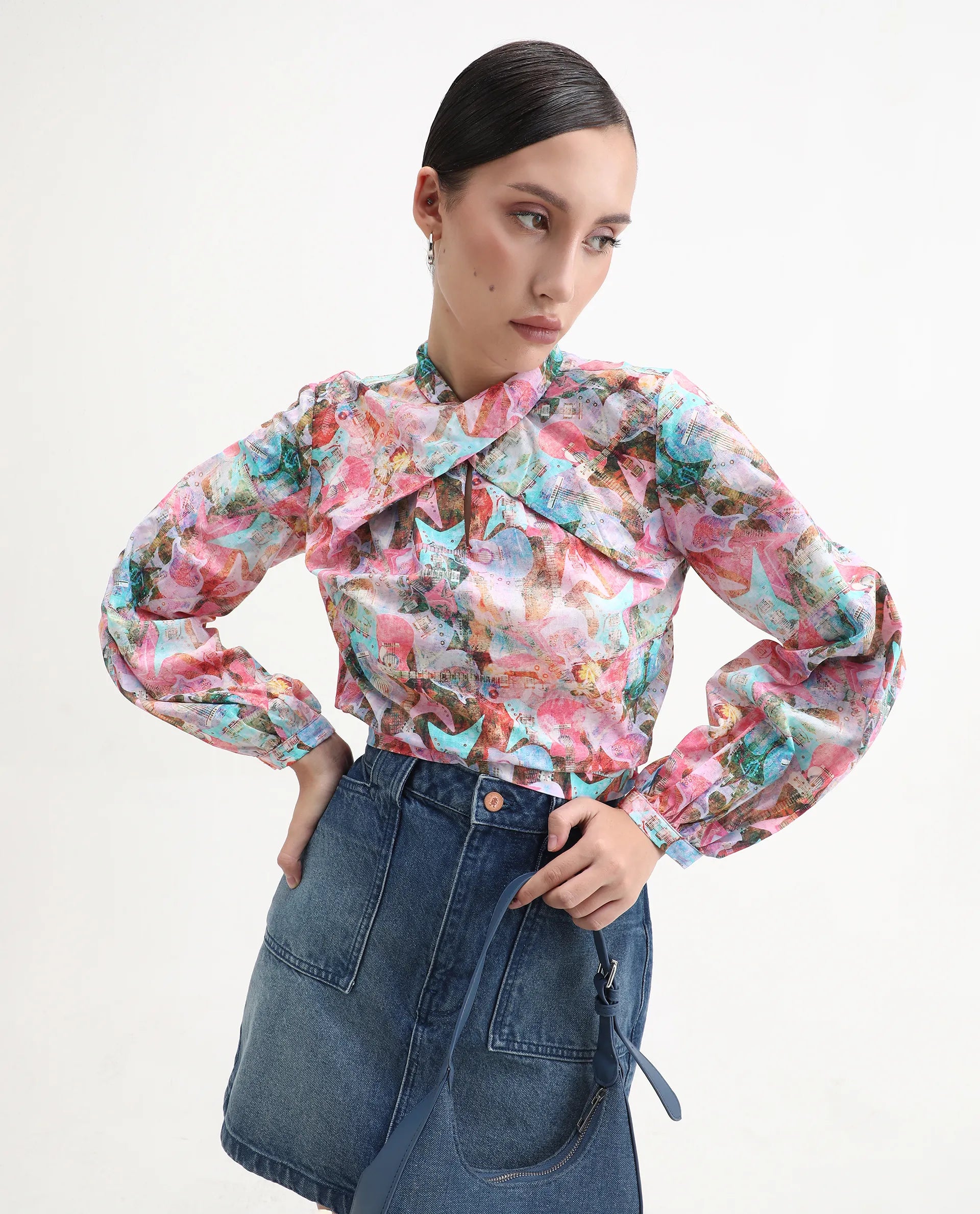 Rareism Women's Cioz Light Multi Cotton High Neck Abstract Print Bishop Sleeve Crop Regular Fit Top