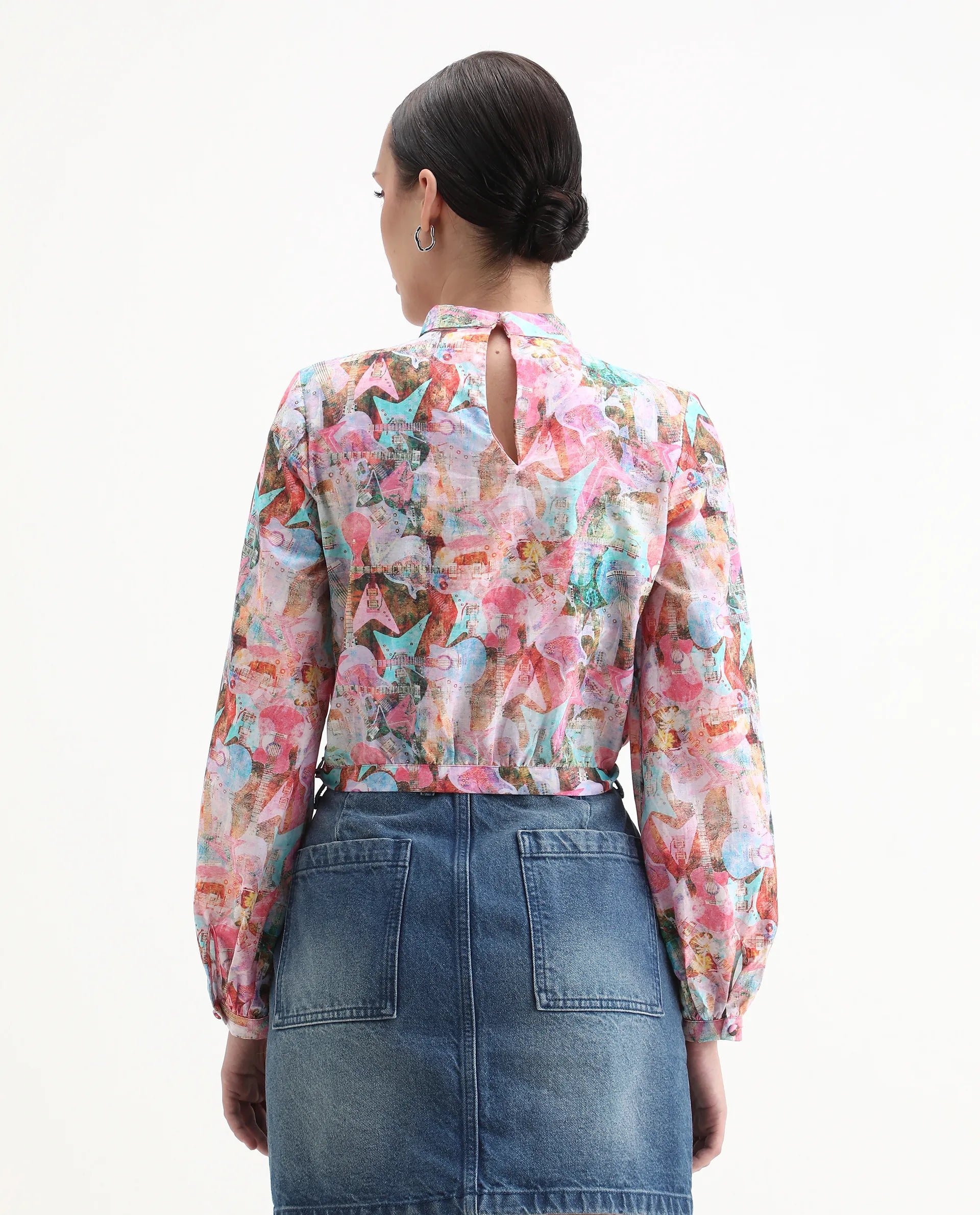 Rareism Women's Cioz Light Multi Cotton High Neck Abstract Print Bishop Sleeve Crop Regular Fit Top