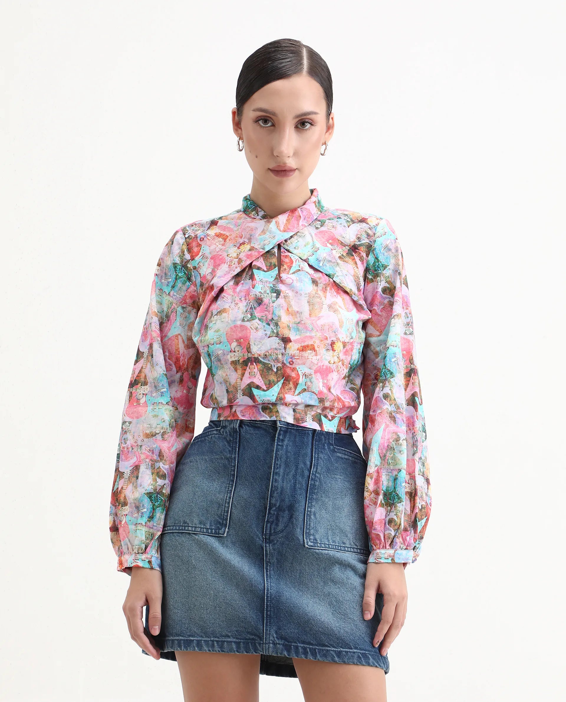 Rareism Women's Cioz Light Multi Cotton High Neck Abstract Print Bishop Sleeve Crop Regular Fit Top