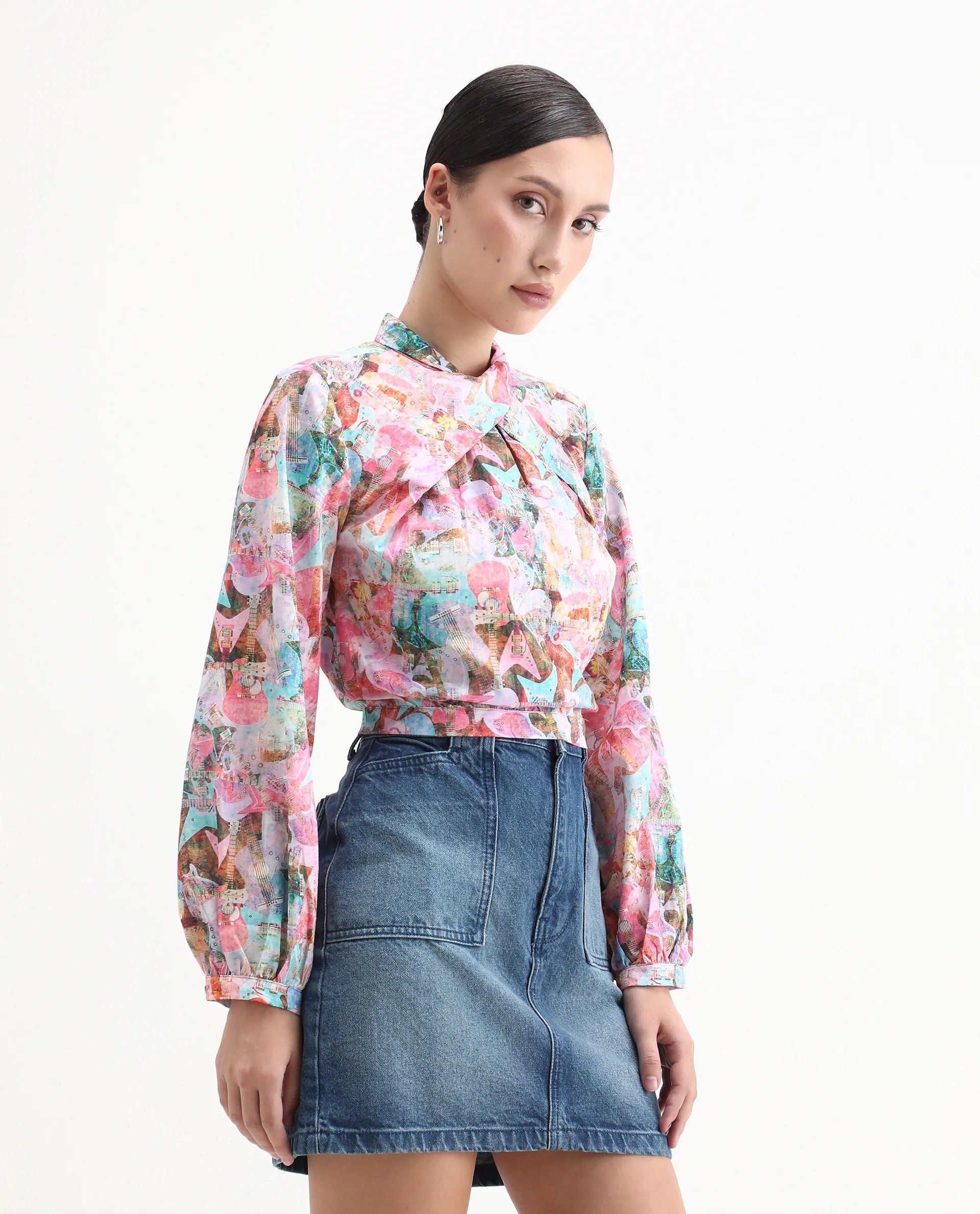 Rareism Women's Cioz Light Multi Cotton High Neck Abstract Print Bishop Sleeve Crop Regular Fit Top