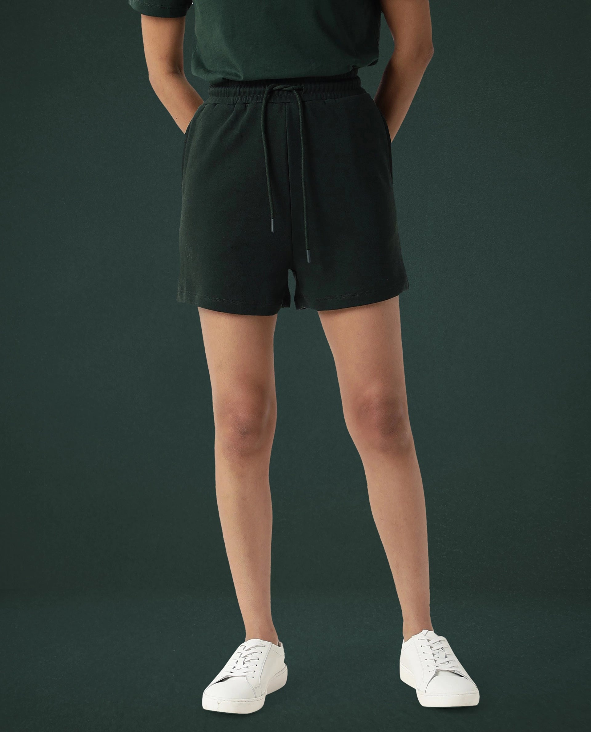 Rareism Women Ciri Dark Green Cotton Poly Fabric Relaxed Fit Solid Mid Rise Shorts