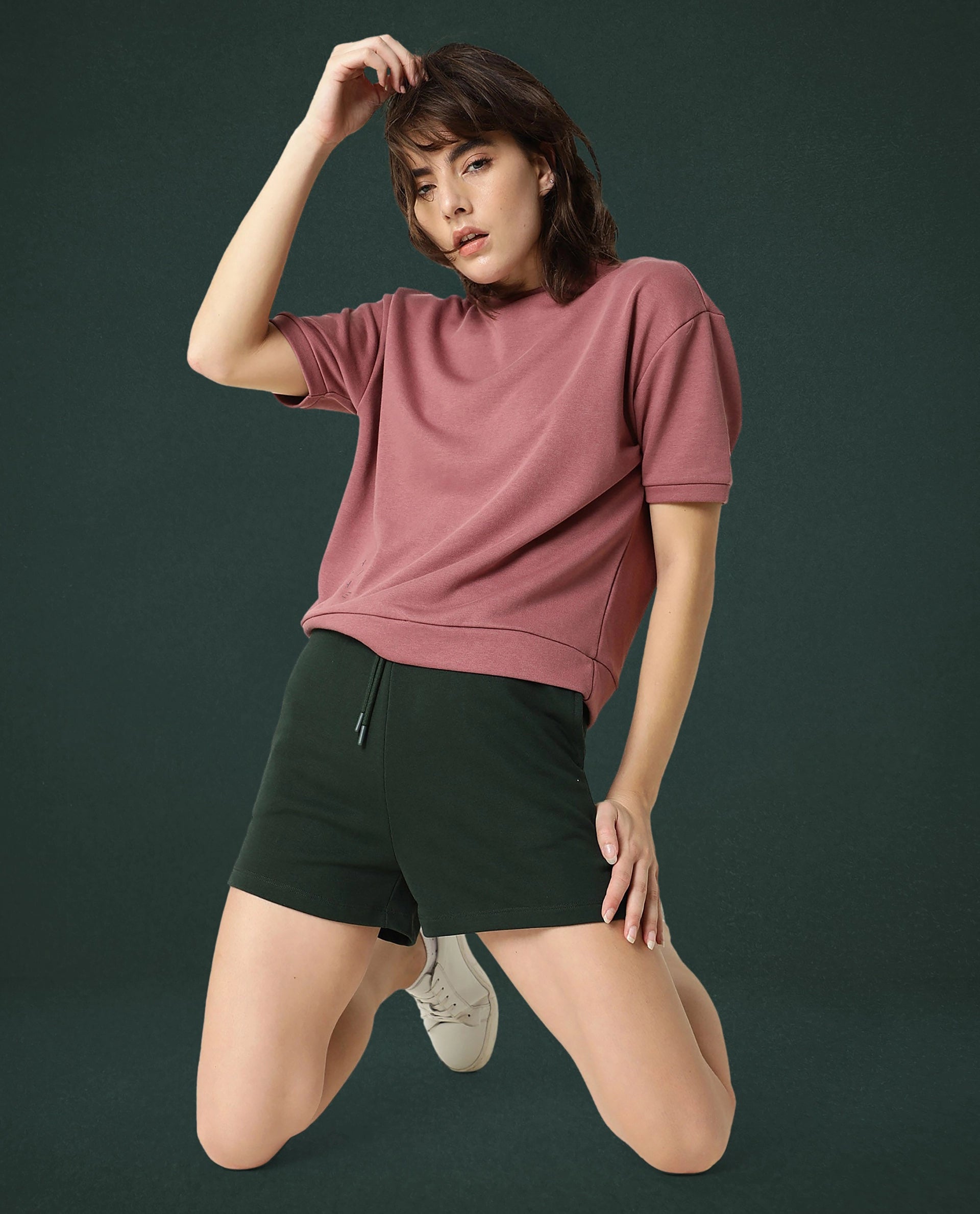 Rareism Women Ciri Dark Green Cotton Poly Fabric Relaxed Fit Solid Mid Rise Shorts