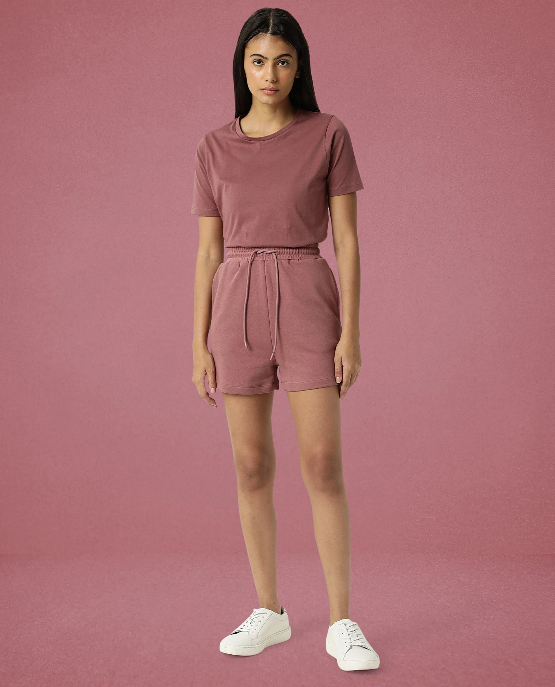 Rareism Women Ciri Dark Pink Cotton Poly Fabric Relaxed Fit Solid Mid Rise Shorts