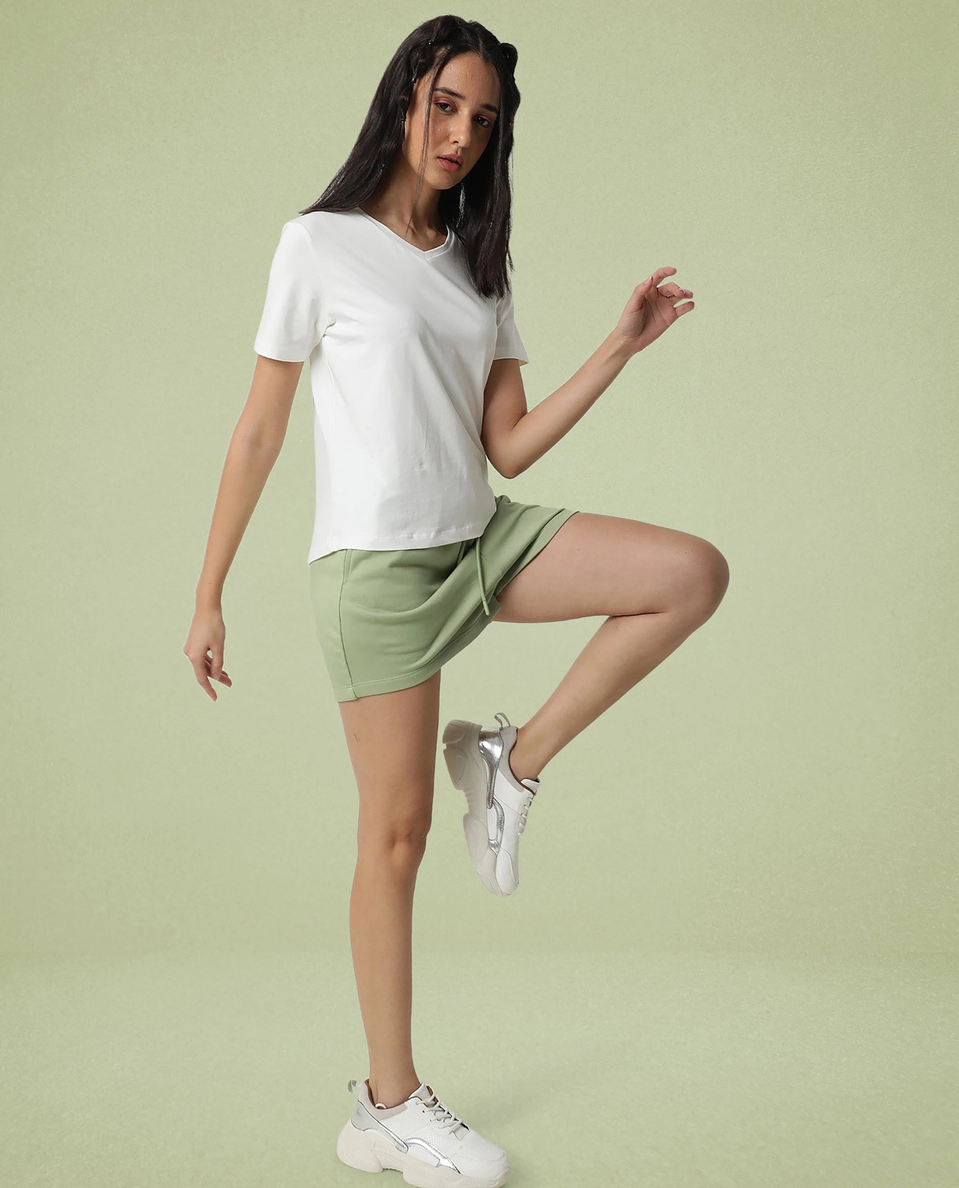 Rareism Women Ciri Light Green Cotton Poly Fabric Relaxed Fit Solid Mid Rise Shorts