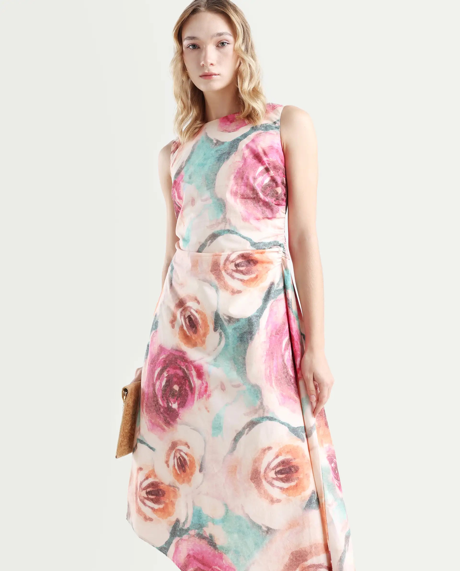 Rareism Women's Cirina Multi Boat Neck A-Line Printed Midi Dress