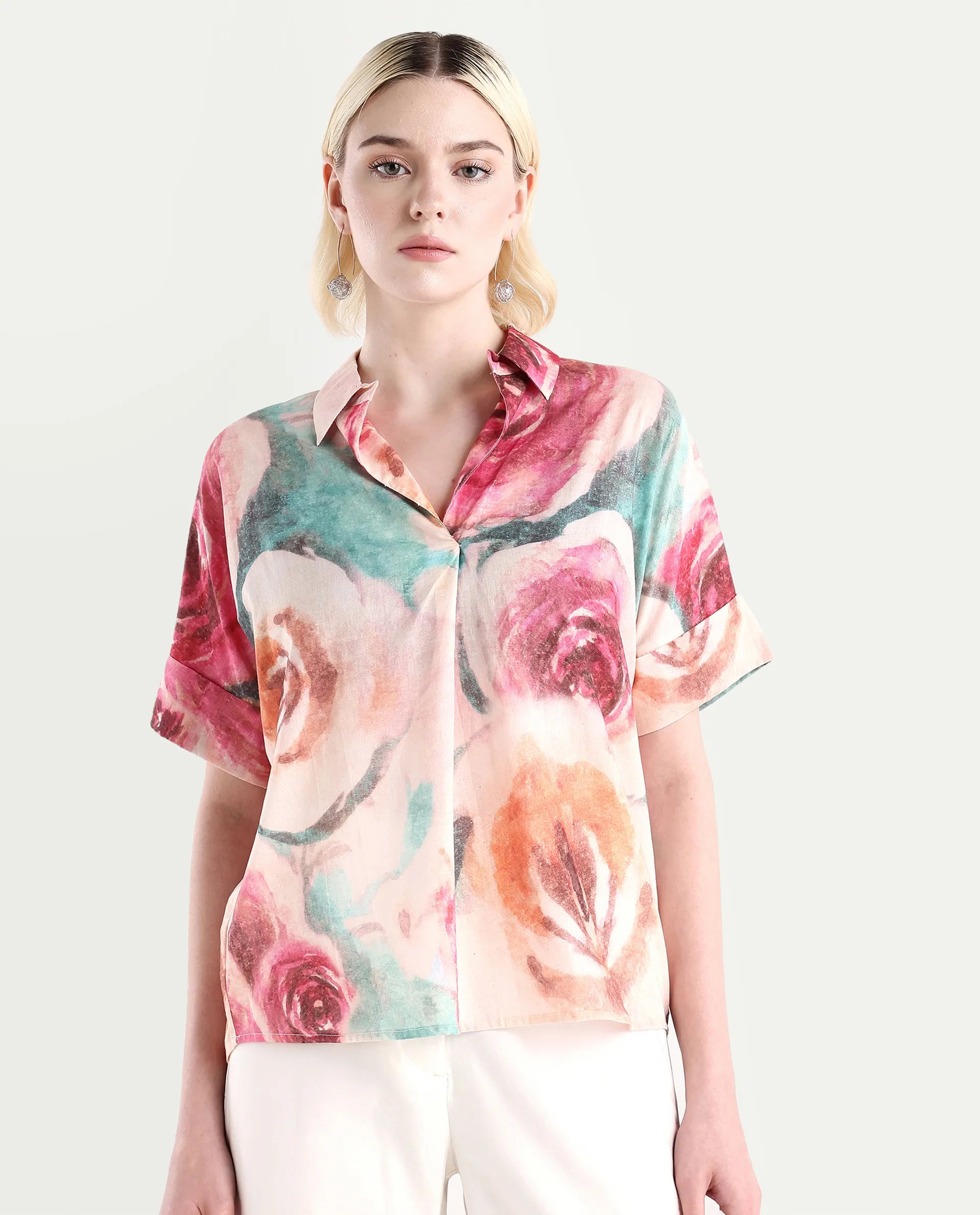 Rareism Women's Cirio Multi Johnny Collar Printed Boxy Fit Top