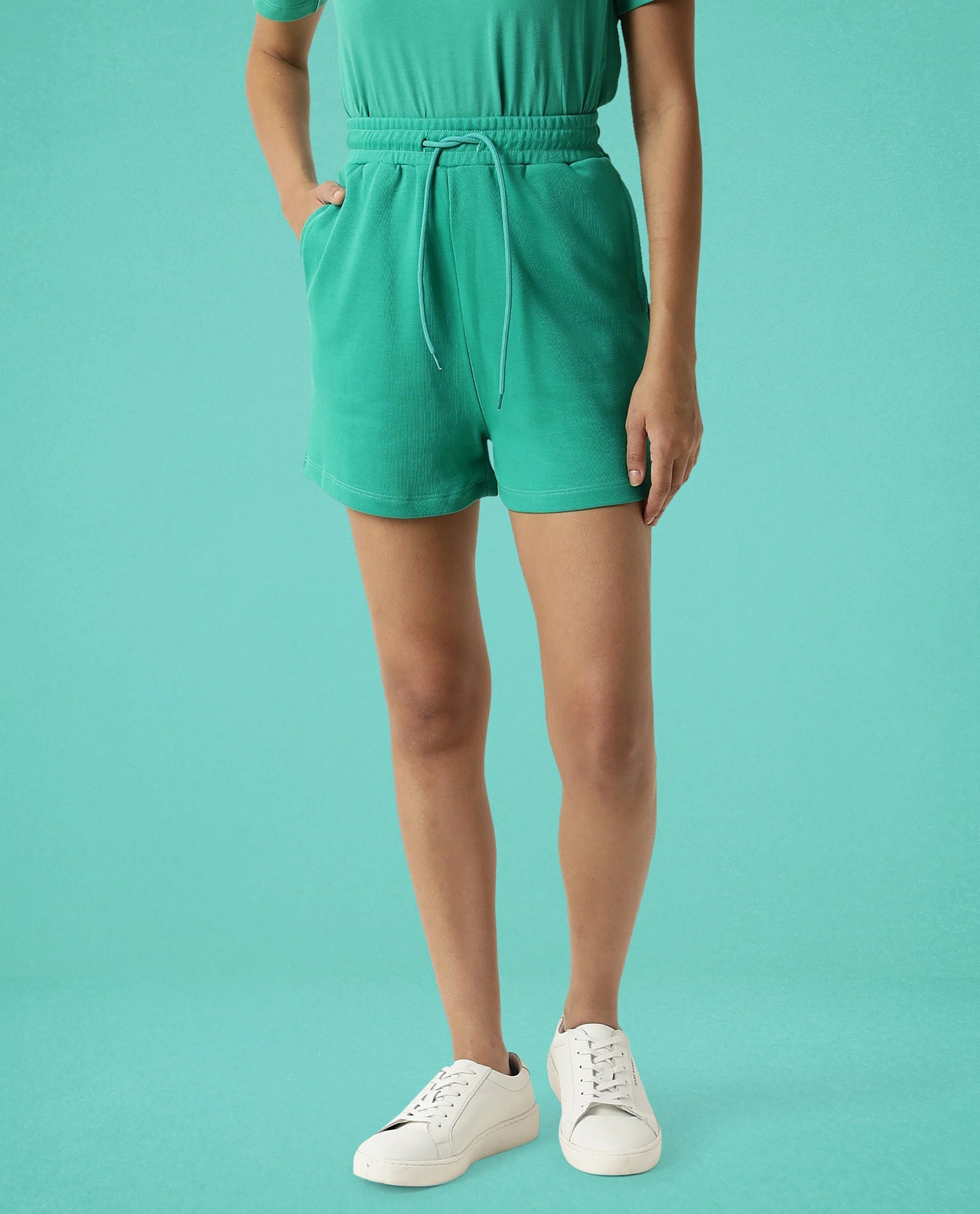 Rareism Women Ciri Green Cotton Poly Fabric Relaxed Fit Solid Mid Rise Shorts