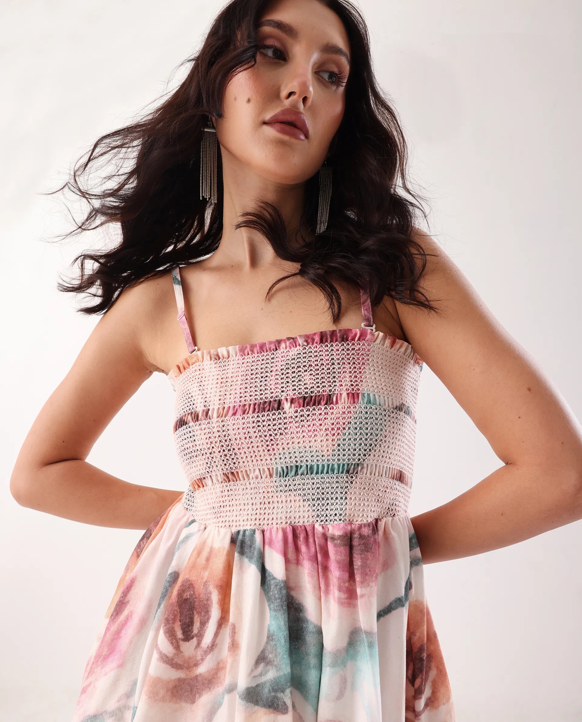 Rareism Women's Cirius Multi Tube Neck Fit And Flare Printed Midi Dress