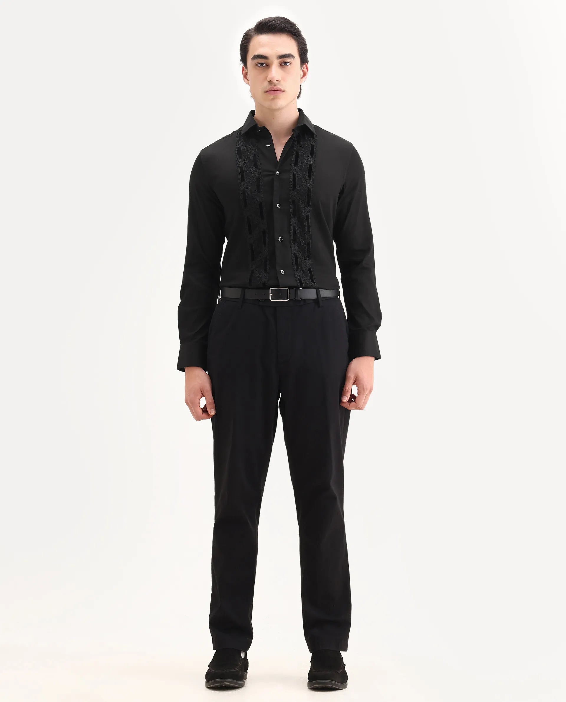 Rare Rabbit Men's Ciro Black Cotton Embroidered Regular Fit Full Sleeve Collared Shirt