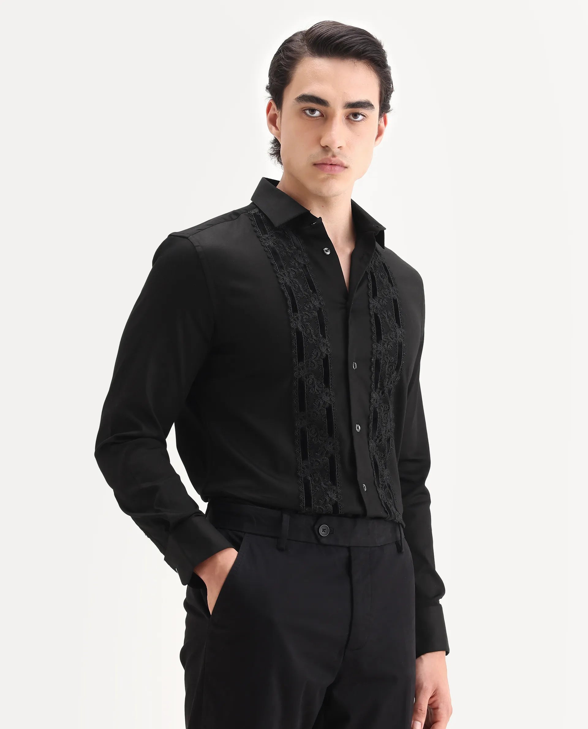 Rare Rabbit Men's Ciro Black Cotton Embroidered Regular Fit Full Sleeve Collared Shirt