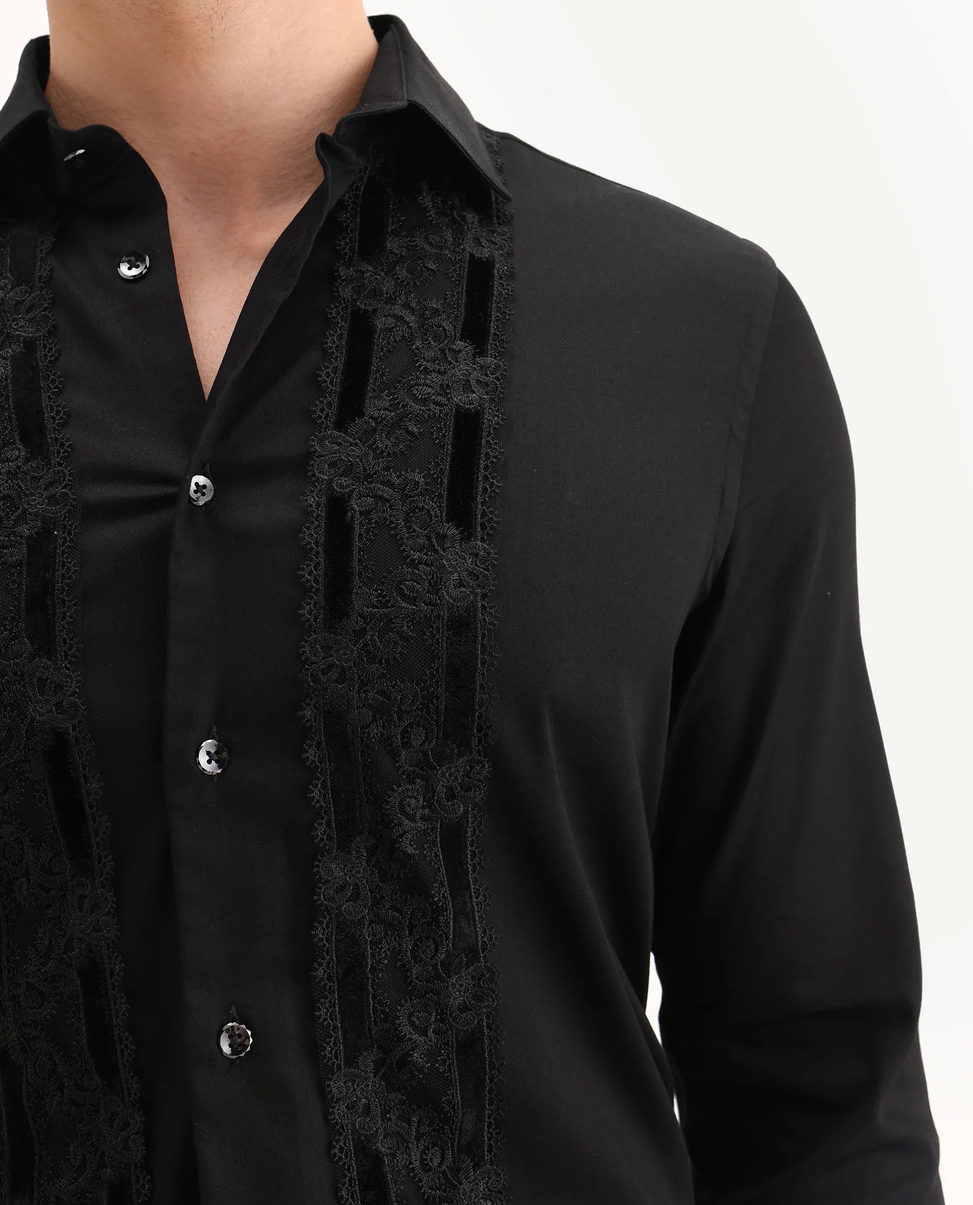 Rare Rabbit Men's Ciro Black Cotton Embroidered Regular Fit Full Sleeve Collared Shirt