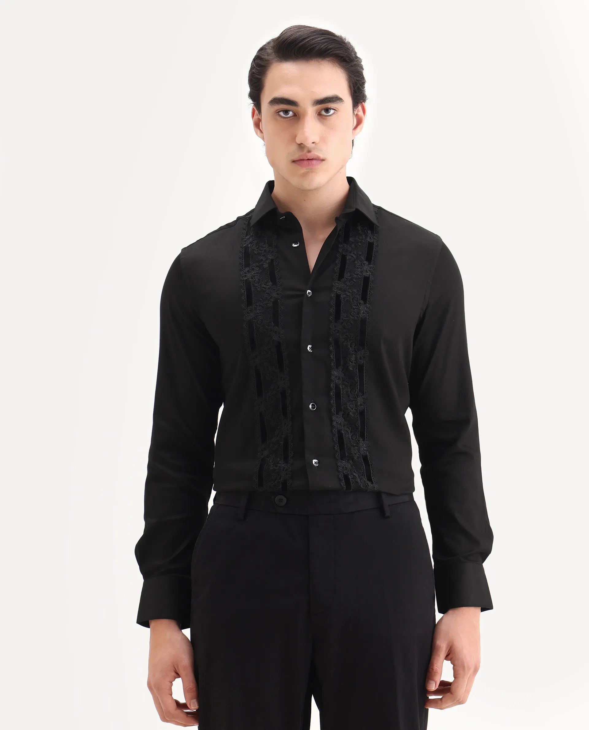 Rare Rabbit Men's Ciro Black Cotton Embroidered Regular Fit Full Sleeve Collared Shirt