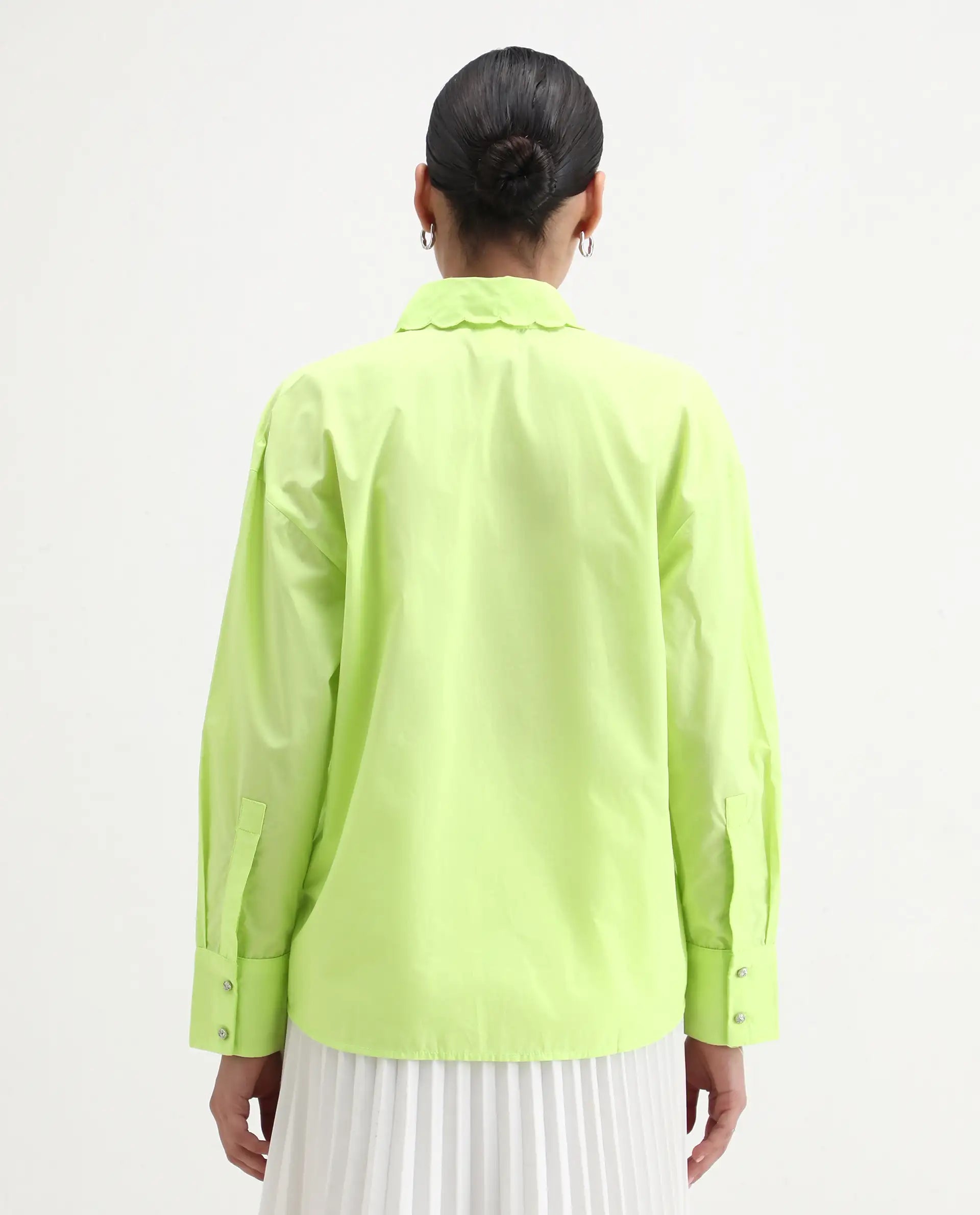 Rareism Women's Citta Flouroscent Green Cotton Drop Collar Plain Cuffed Sleeve Regular Fit Shirt