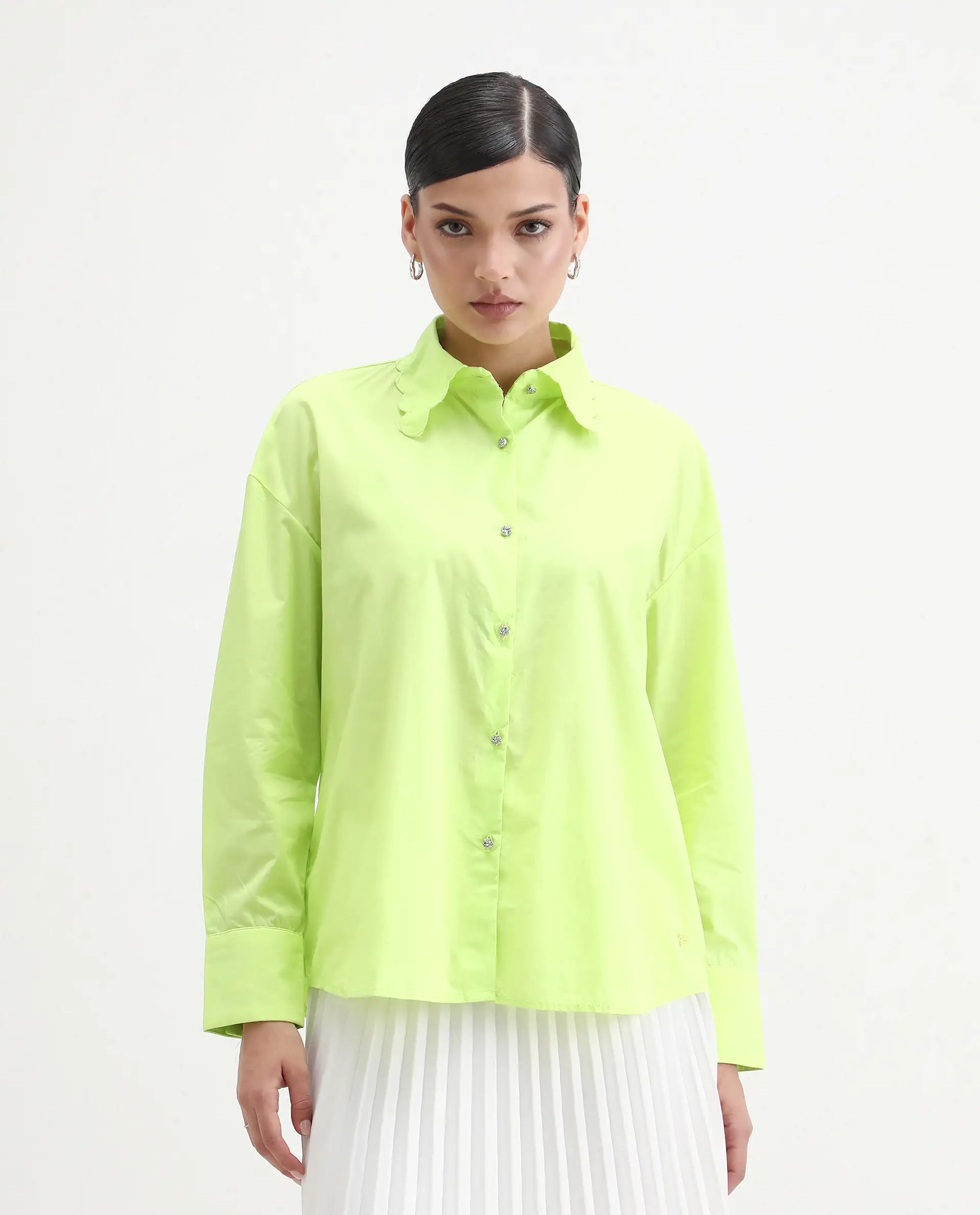 Rareism Women's Citta Flouroscent Green Cotton Drop Collar Plain Cuffed Sleeve Regular Fit Shirt