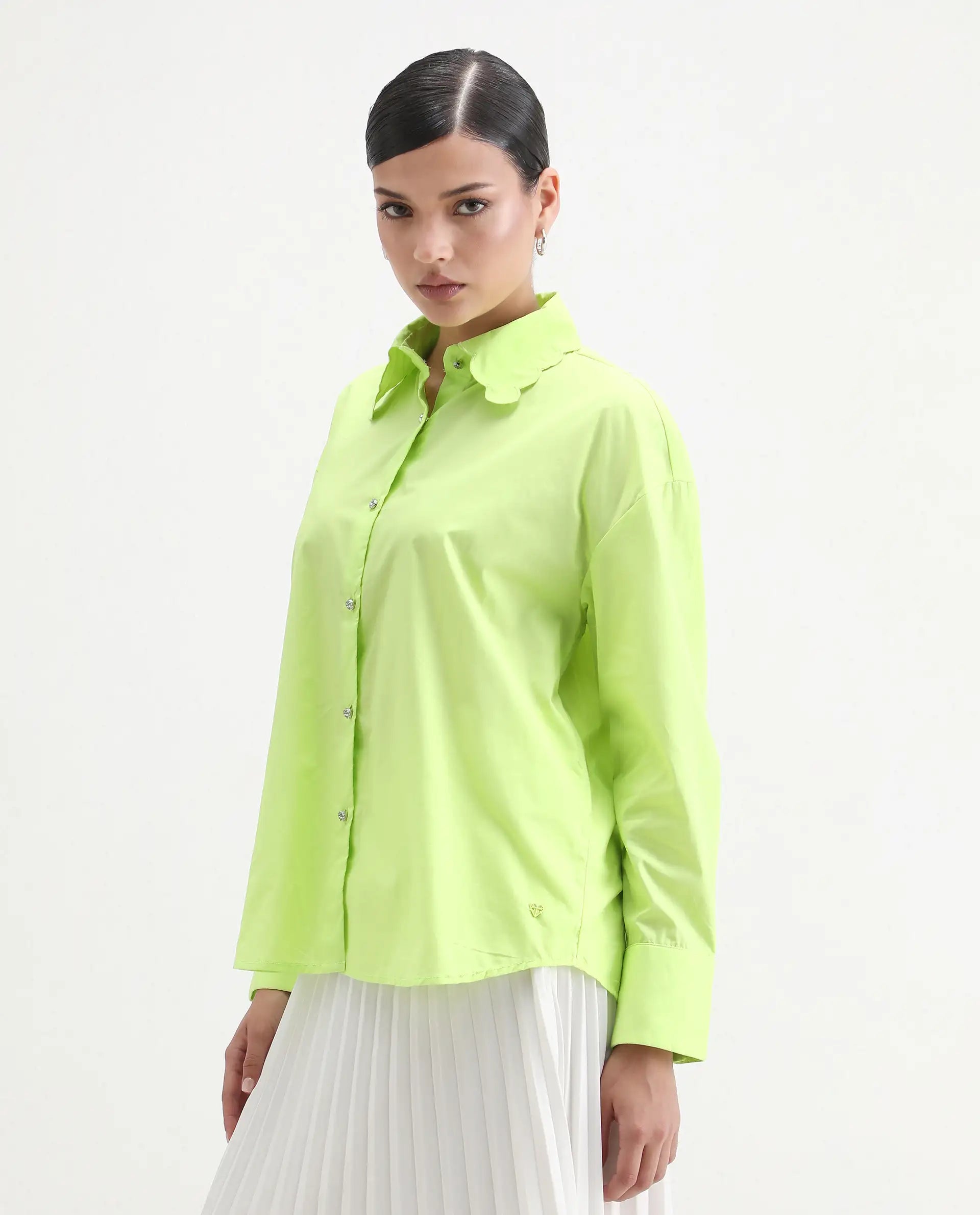 Rareism Women's Citta Flouroscent Green Cotton Drop Collar Plain Cuffed Sleeve Regular Fit Shirt
