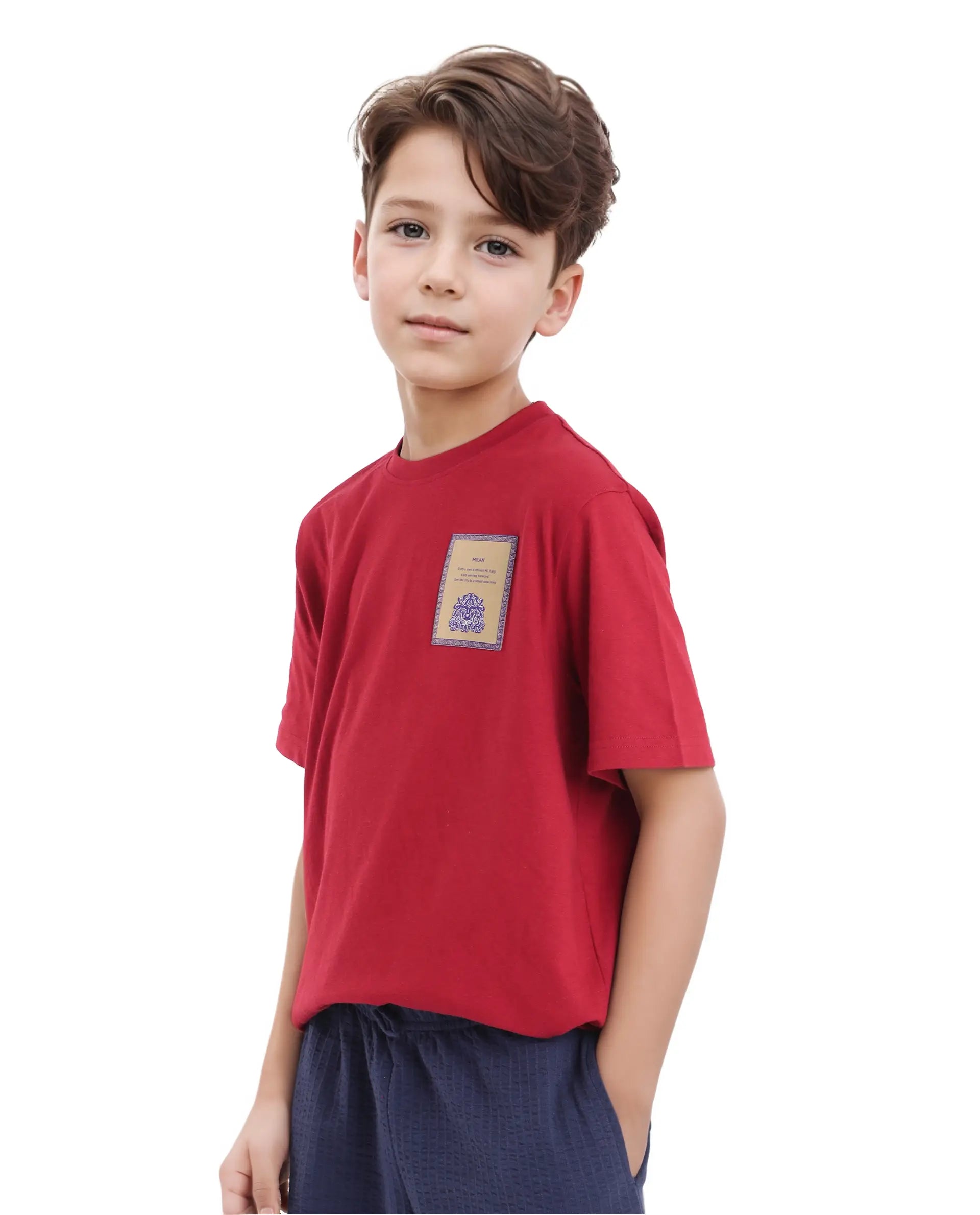 Rare Ones Kids Citz Dark Red Cotton Short Sleeve Crew Neck Applique Details Solid Ribbed T-Shirt