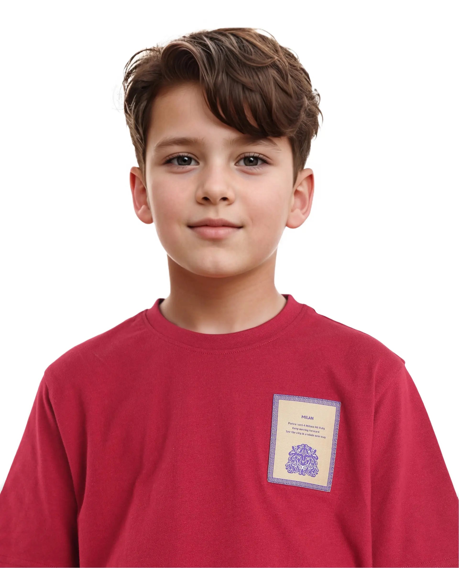 Rare Ones Kids Citz Dark Red Cotton Short Sleeve Crew Neck Applique Details Solid Ribbed T-Shirt