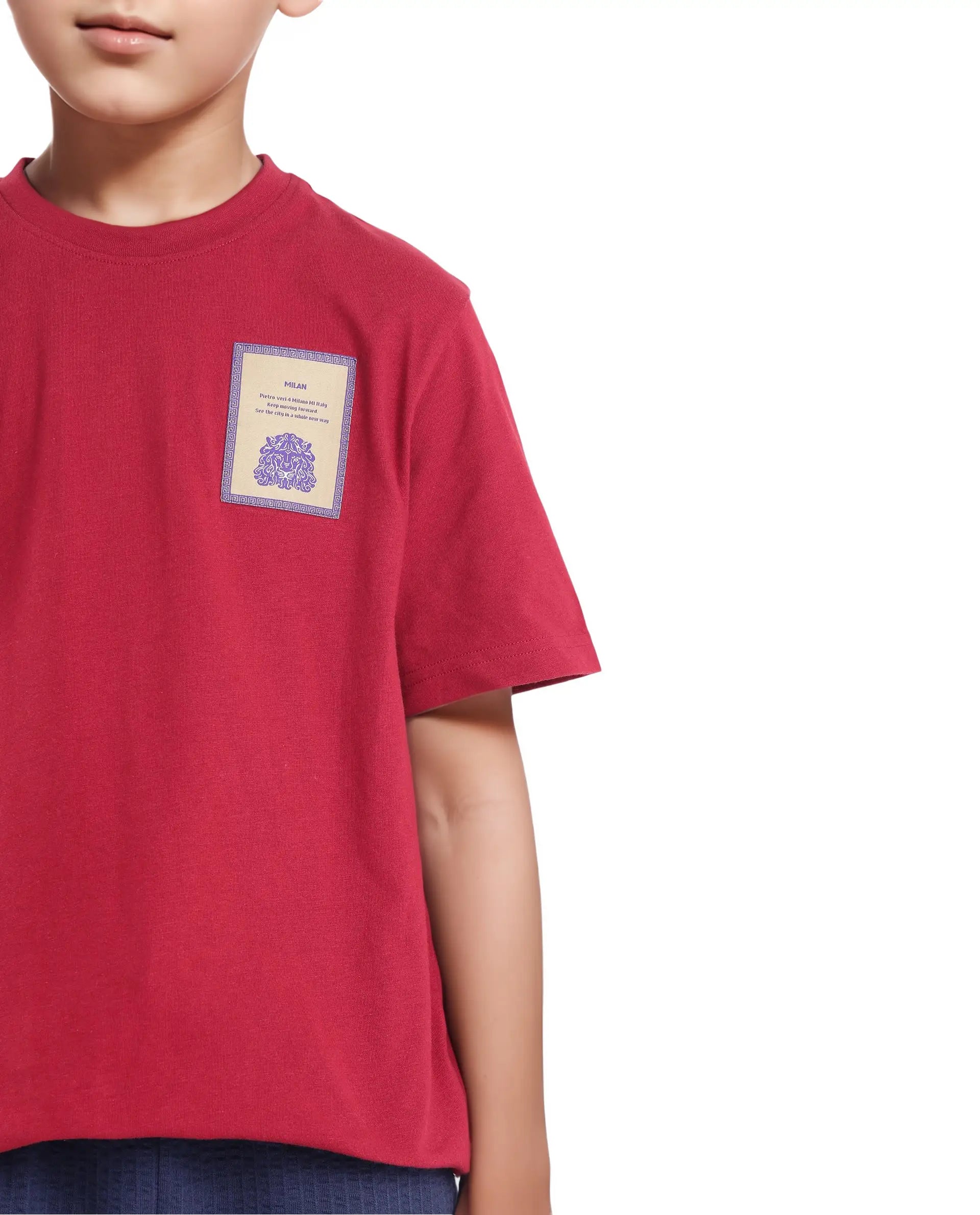 Rare Ones Kids Citz Dark Red Cotton Short Sleeve Crew Neck Applique Details Solid Ribbed T-Shirt