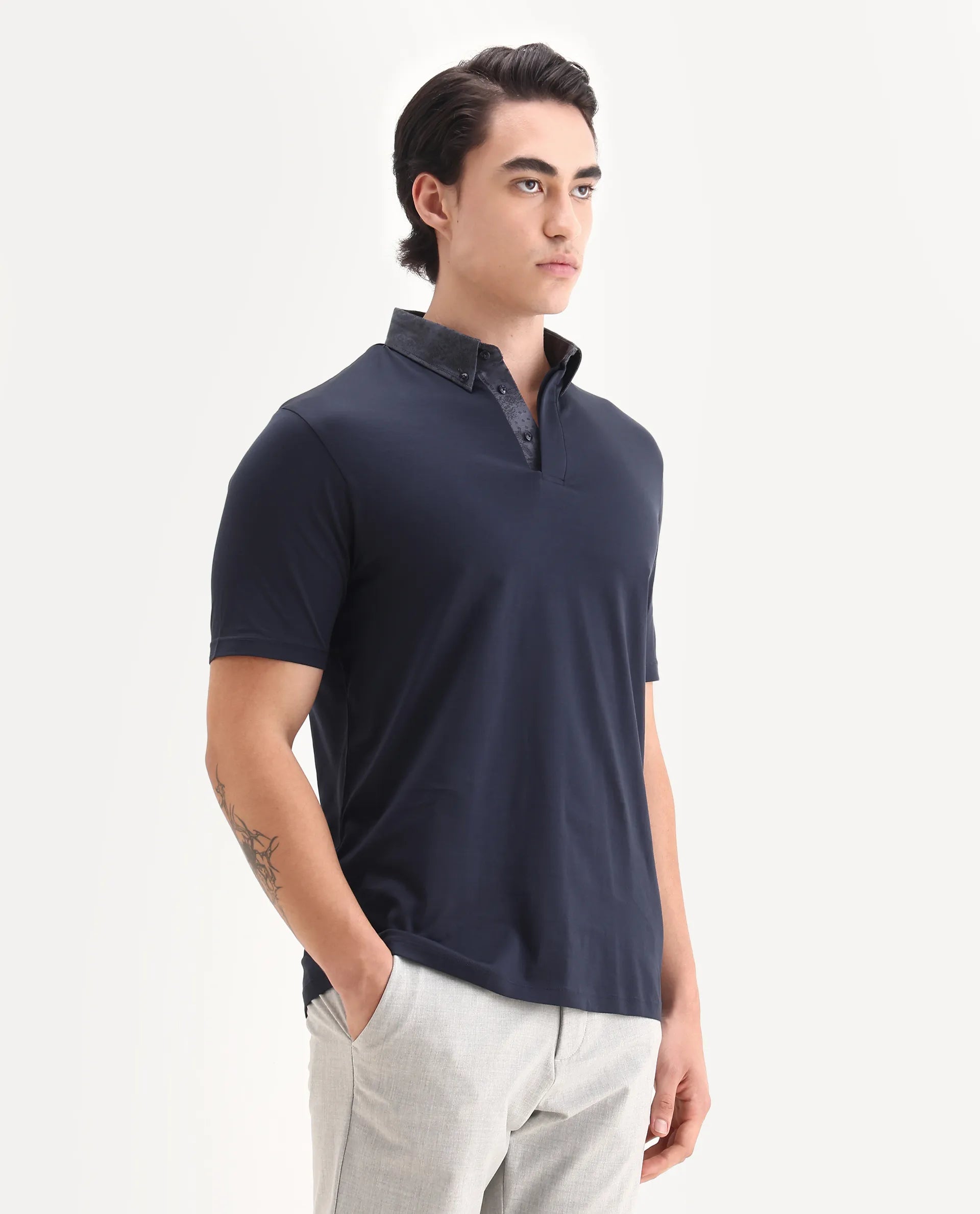 Rare Rabbit Men's Clarance Dusky Navy Cotton Plain Regular Fit Half Sleeve Polo