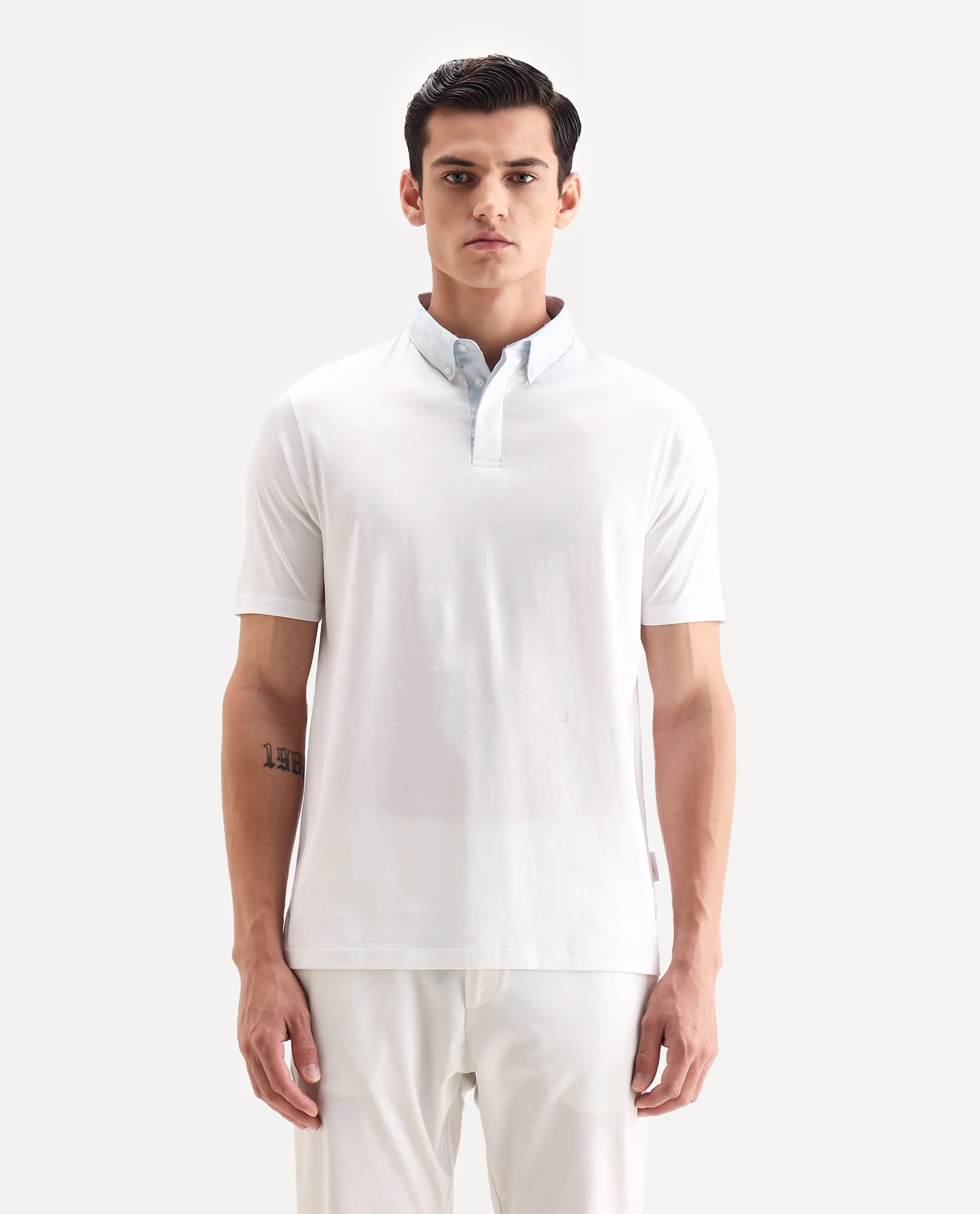Rare Rabbit Men's Clarence-1 White Cotton Plain Regular Fit Half Sleeve Polo