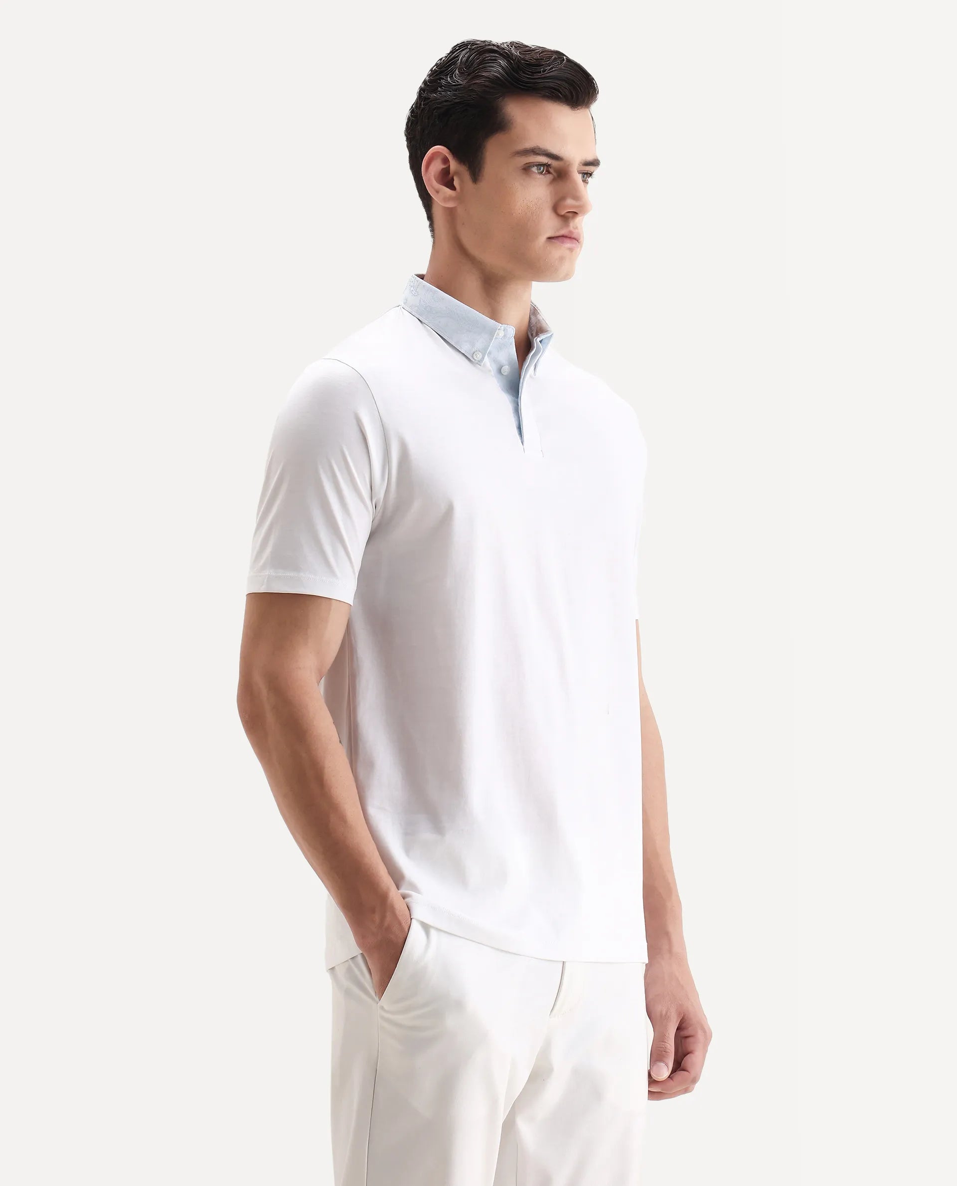 Rare Rabbit Men's Clarence-1 White Cotton Plain Regular Fit Half Sleeve Polo
