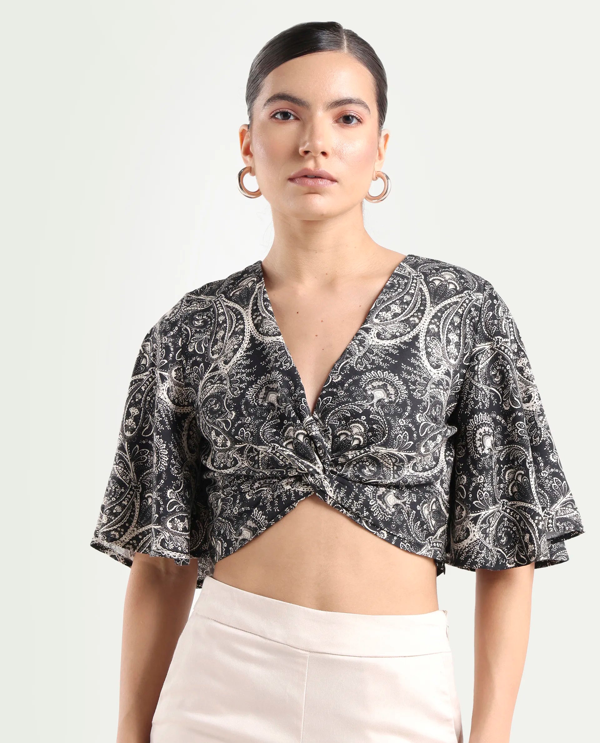 Rareism Women's Clarence Black Cotton Blend V-Neck Paisley Print Flared Sleeve Crop Regular Fit Top