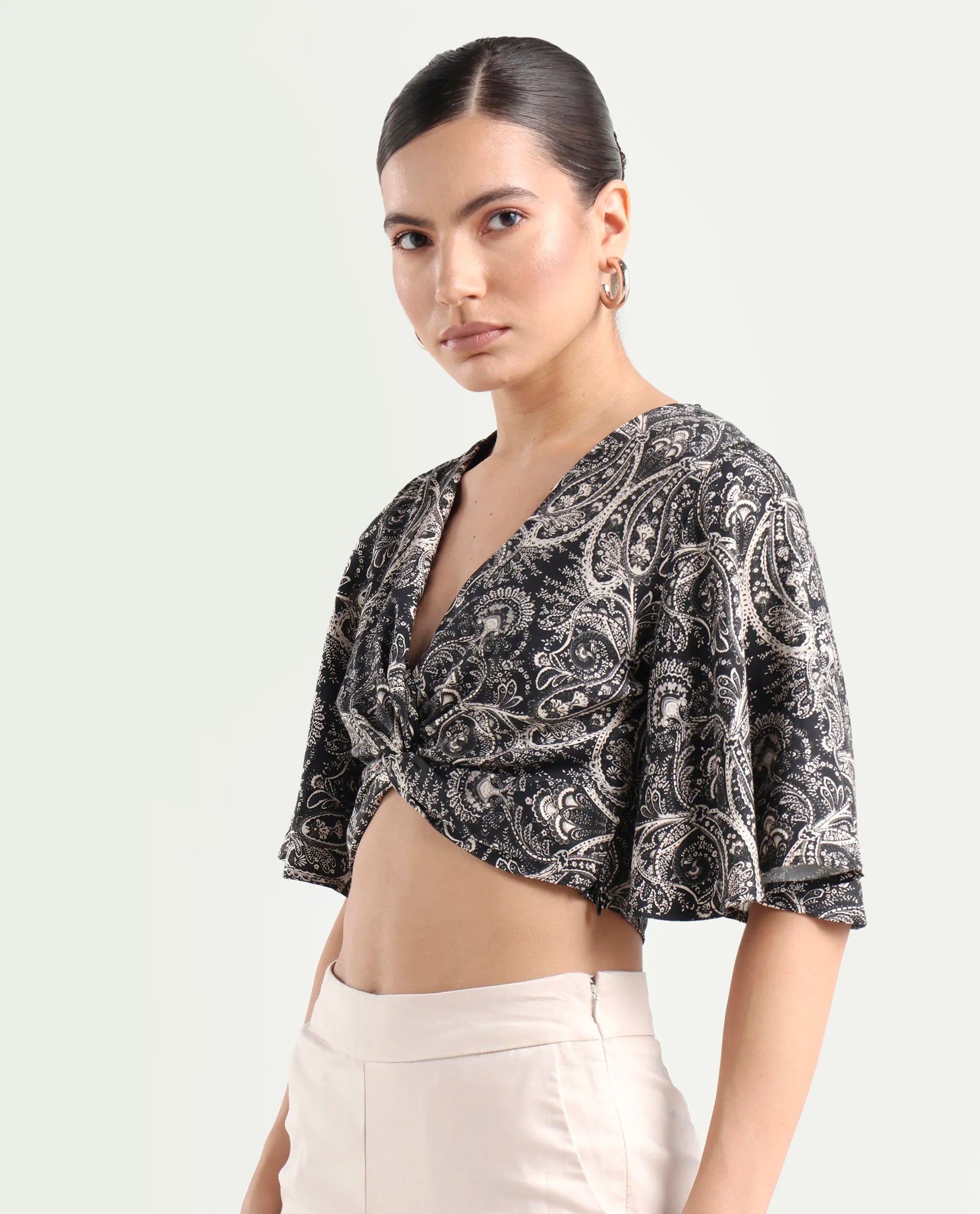 Rareism Women's Clarence Black Cotton Blend V-Neck Paisley Print Flared Sleeve Crop Regular Fit Top