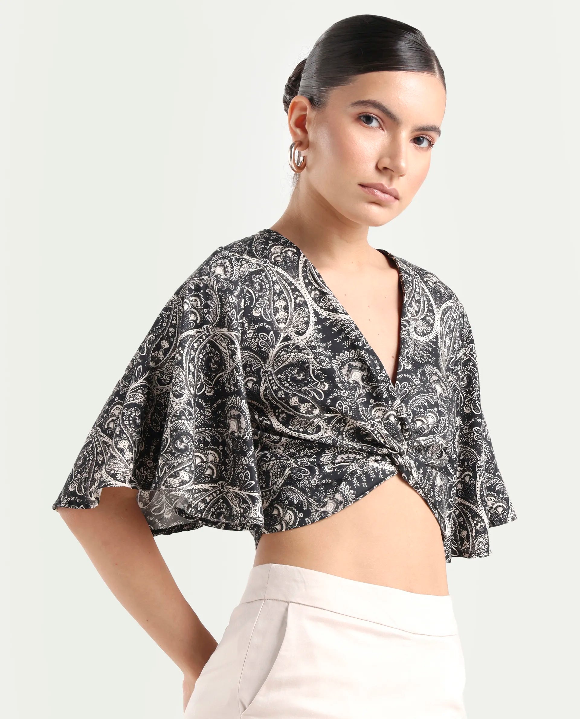 Rareism Women's Clarence Black Cotton Blend V-Neck Paisley Print Flared Sleeve Crop Regular Fit Top