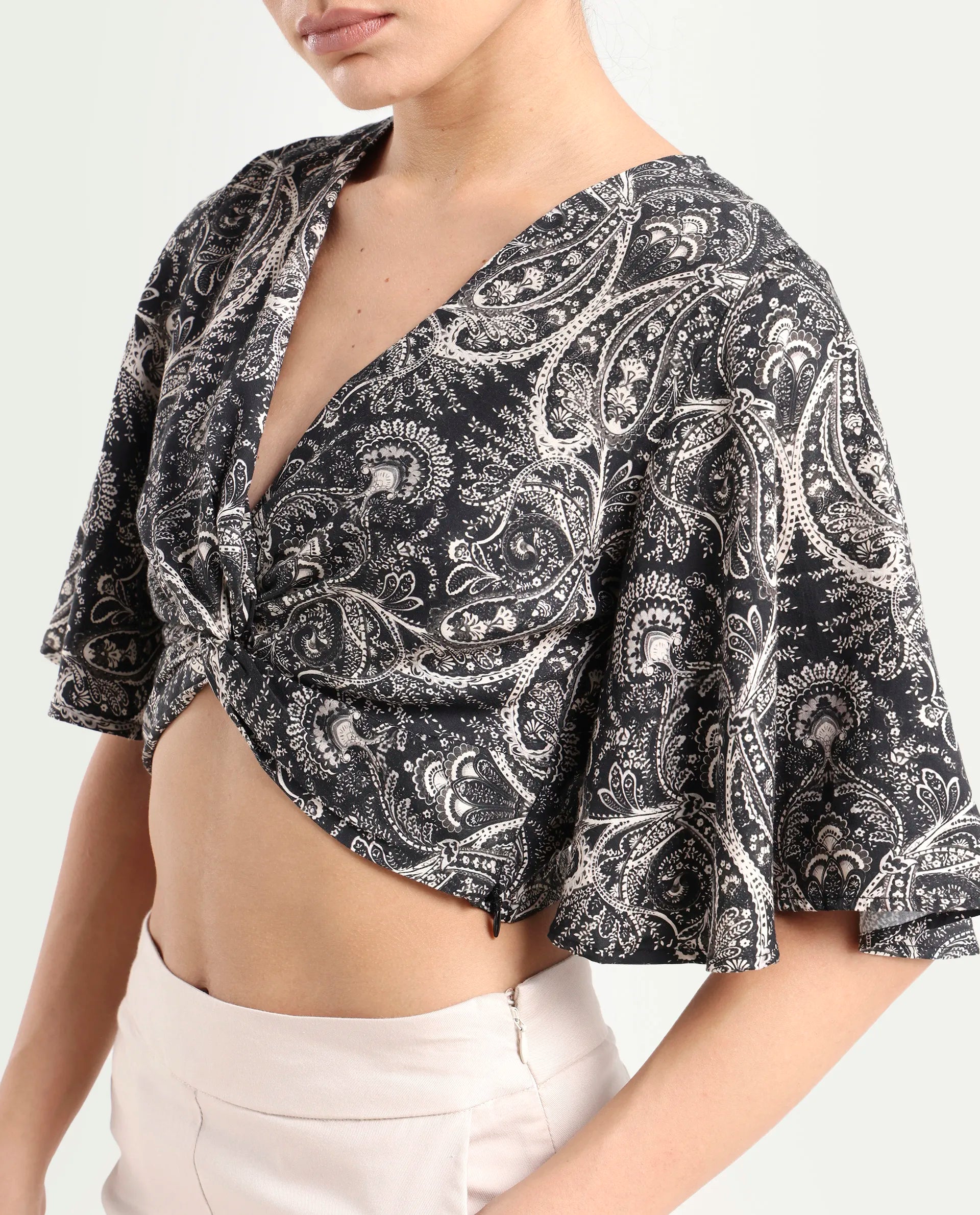 Rareism Women's Clarence Black Cotton Blend V-Neck Paisley Print Flared Sleeve Crop Regular Fit Top