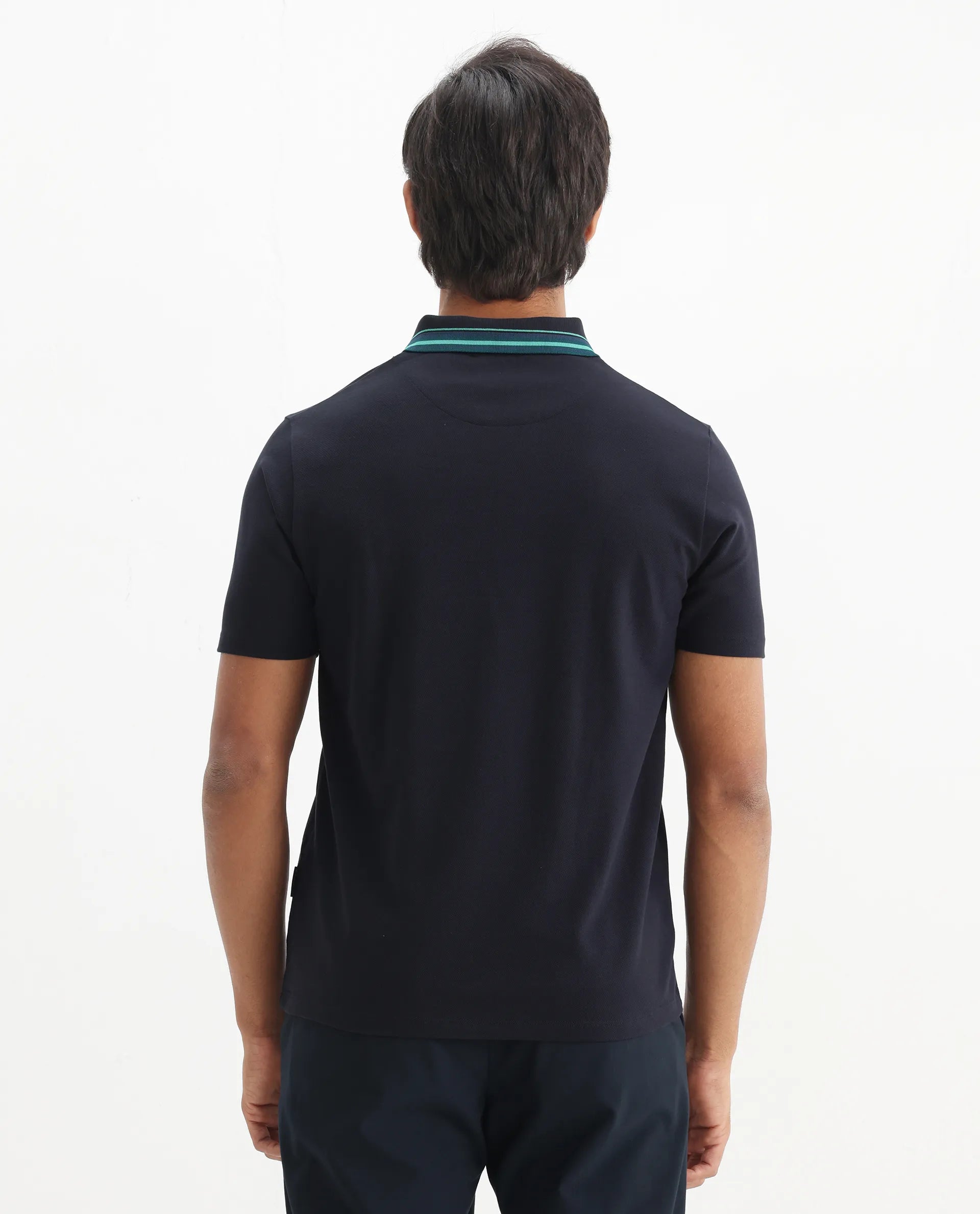 Rare Rabbit Men's Clark Dark Navy Cotton Plain Regular Fit Half Sleeve Polo