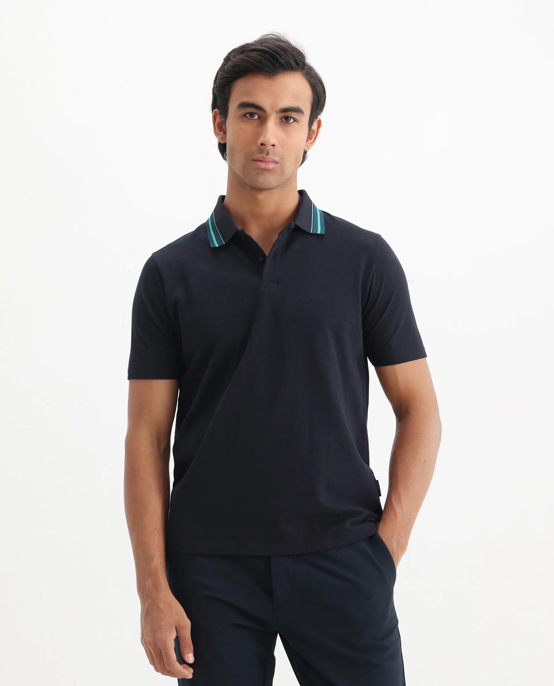Rare Rabbit Men's Clark Dark Navy Cotton Plain Regular Fit Half Sleeve Polo