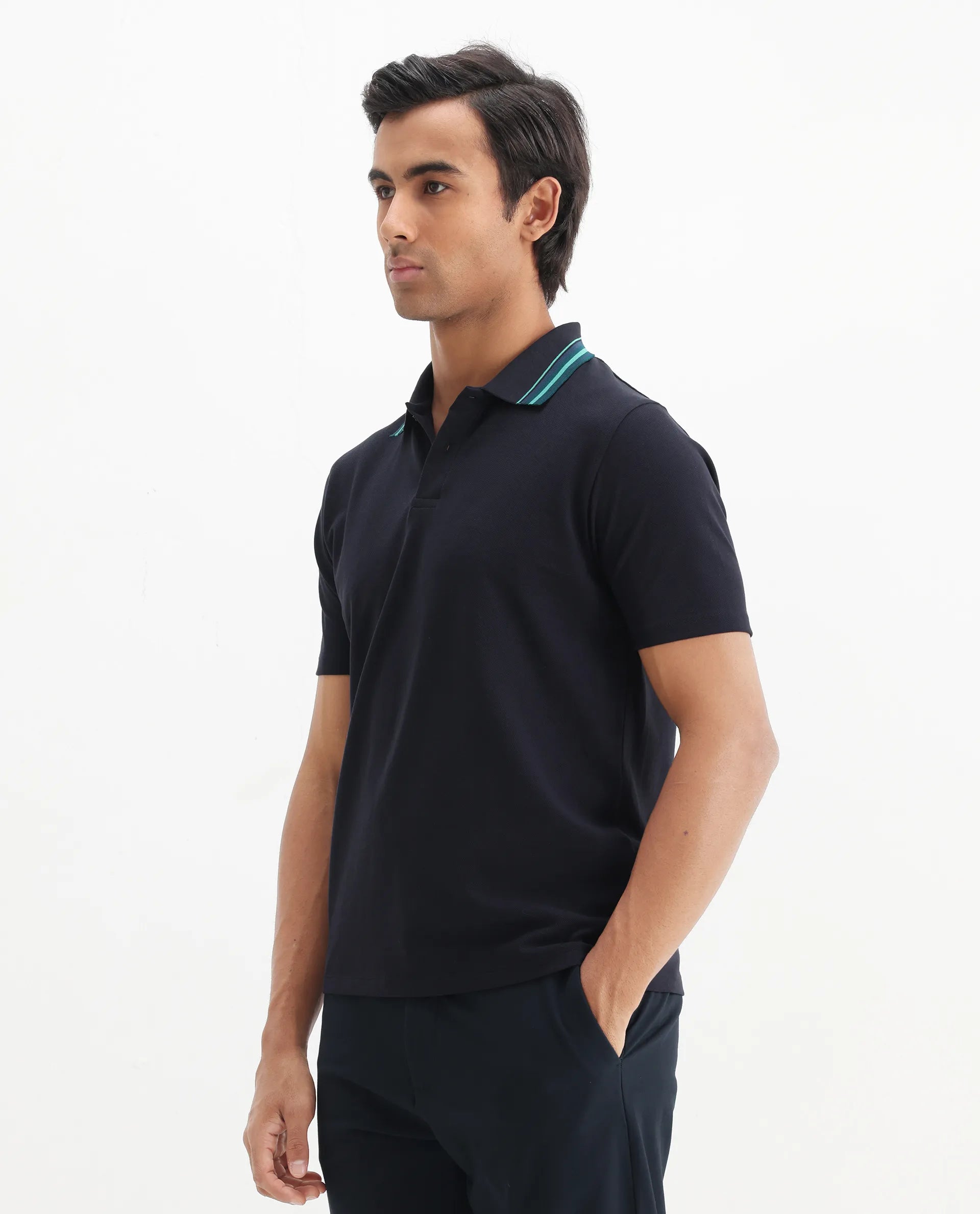 Rare Rabbit Men's Clark Dark Navy Cotton Plain Regular Fit Half Sleeve Polo