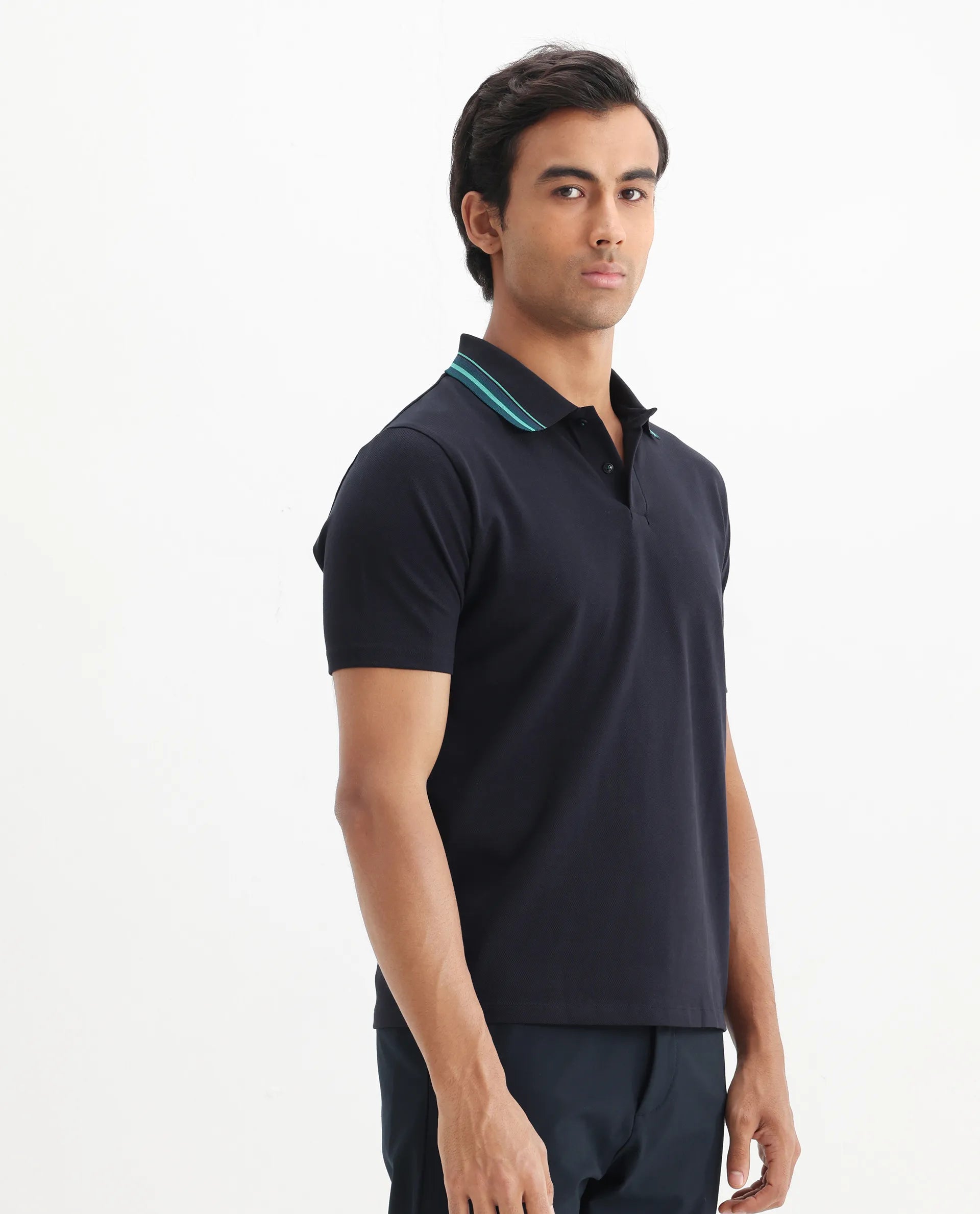 Rare Rabbit Men's Clark Dark Navy Cotton Plain Regular Fit Half Sleeve Polo