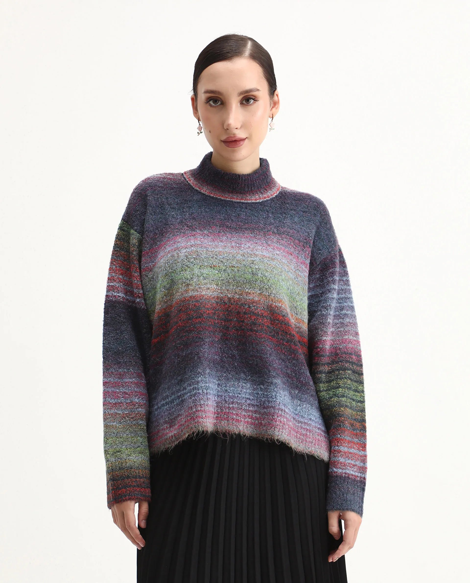 Rareism Women's Claudian Multi Acrylic Blend High Neck Relaxed Fit Ombre Sweater