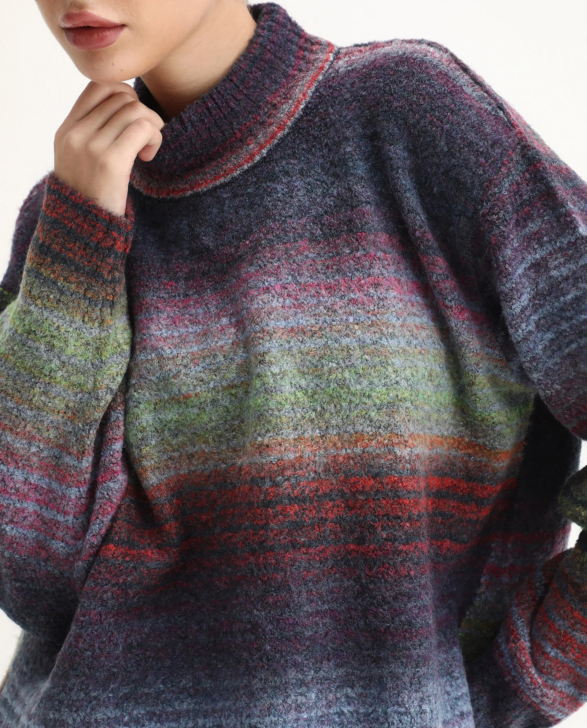 Rareism Women's Claudian Multi Acrylic Blend High Neck Relaxed Fit Ombre Sweater